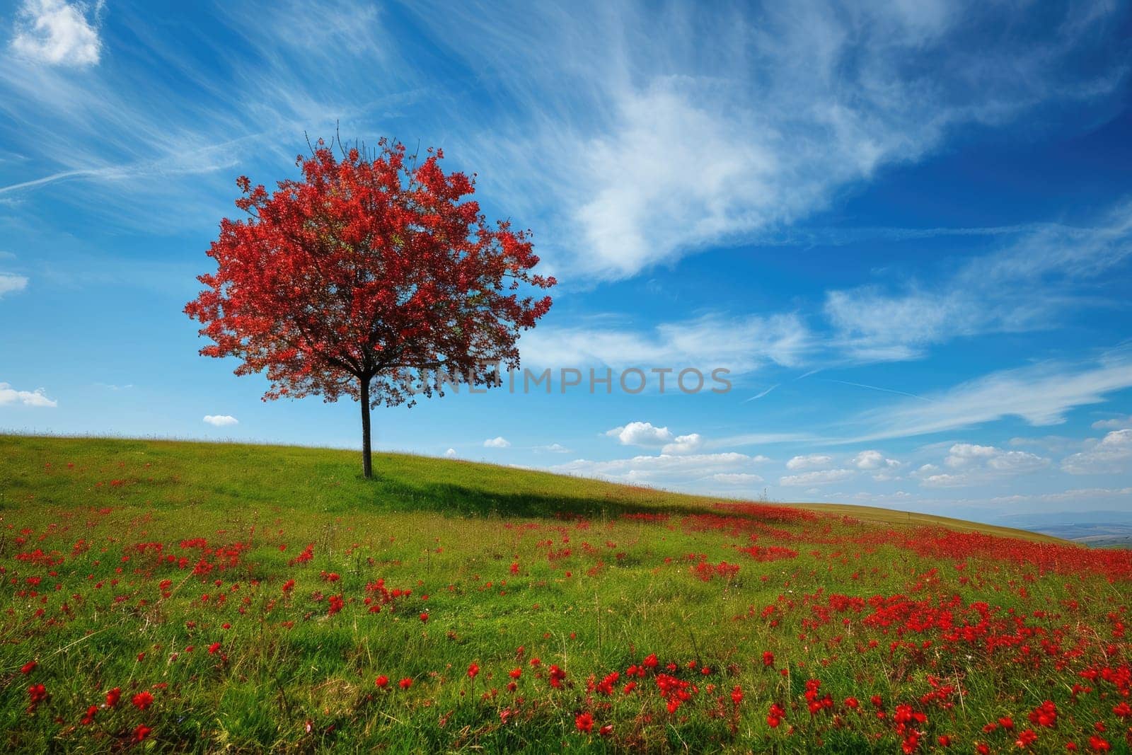 red tree of love in red flower field pragma