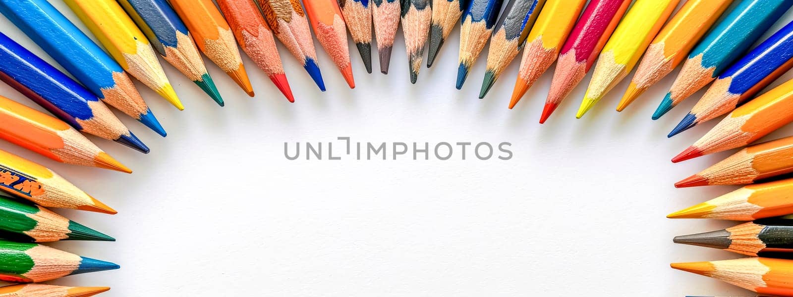colored pencils neatly arranged in two converging lines against a white background, showcasing a spectrum of colors from blues and greens to yellows, oranges, and reds, copy space