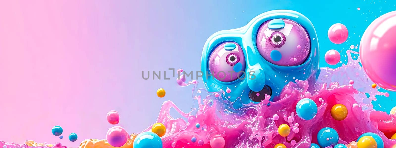 cartoonish blue character with large, expressive eyes, submerged in a dynamic and colorful liquid environment with pink and blue bubbles and splashes by Edophoto