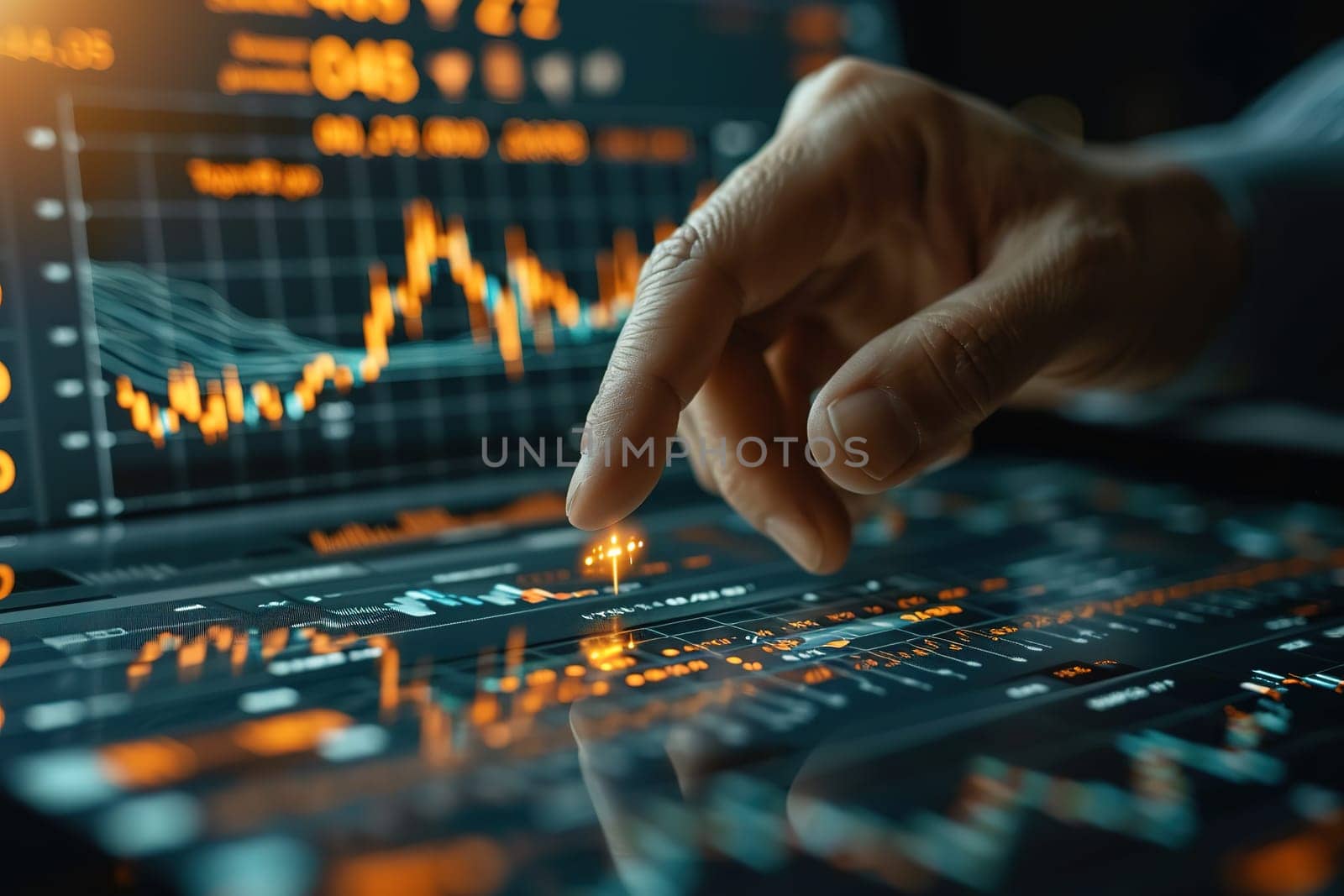 finger touch screen stock monitor pointing to analyze financial investment graphs, generative ai