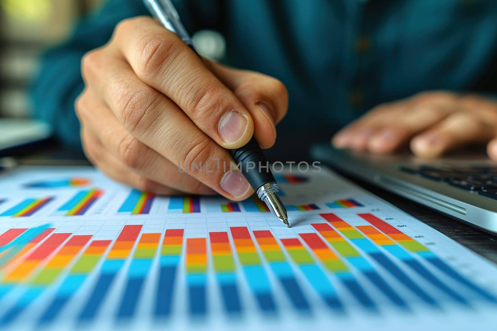 Marketing strategy businessman working using pen pointing to analyze financial investment graphs. generative ai by Manastrong