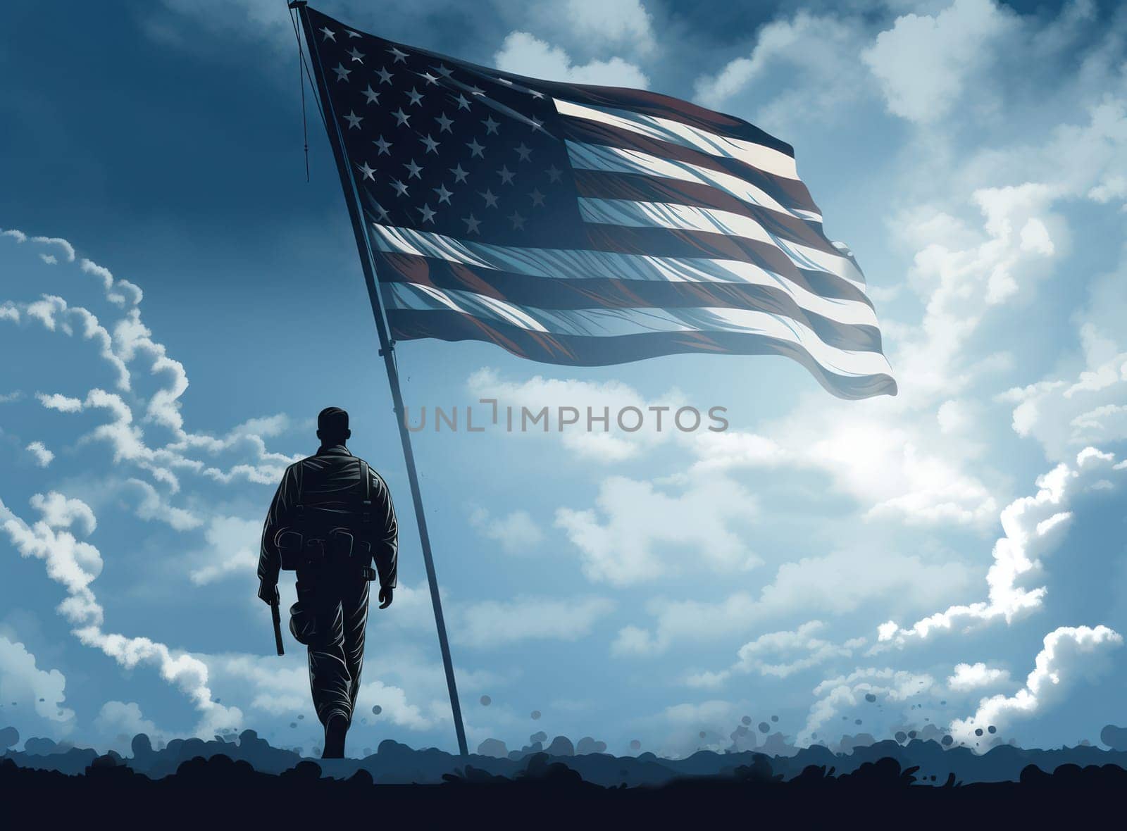 Proud Patriot: United States Army Soldier Saluting the American Flag against a Red, White, and Blue Sky Background by Vichizh