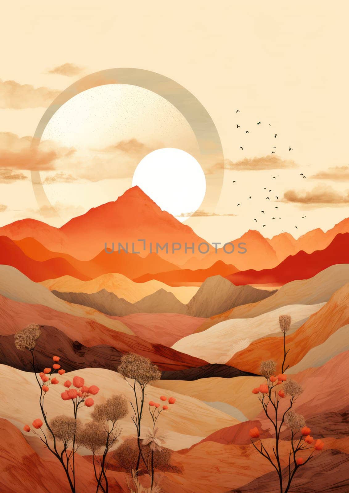 Sunset Silhouette: A Serene Horizon Embracing Majestic Mountains and Lush Forests under the Colorful Evening Sky