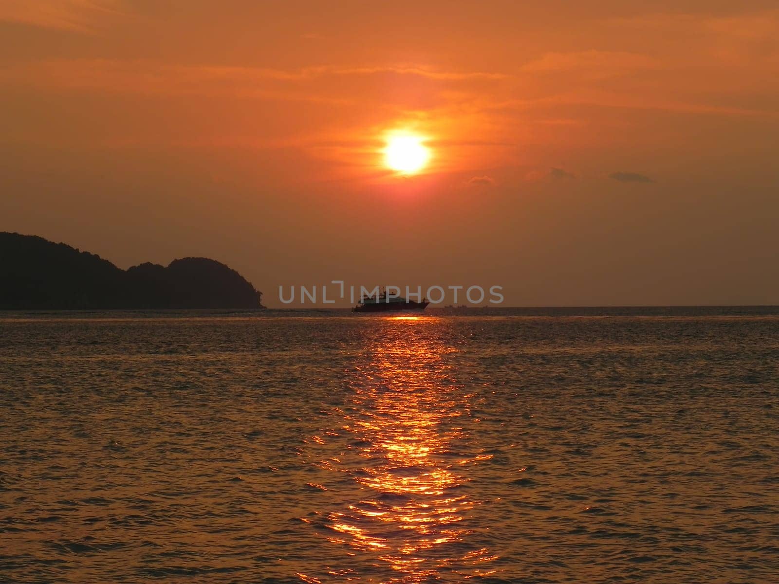 Sunset river boat silhouette view. River boat sunset landscape.