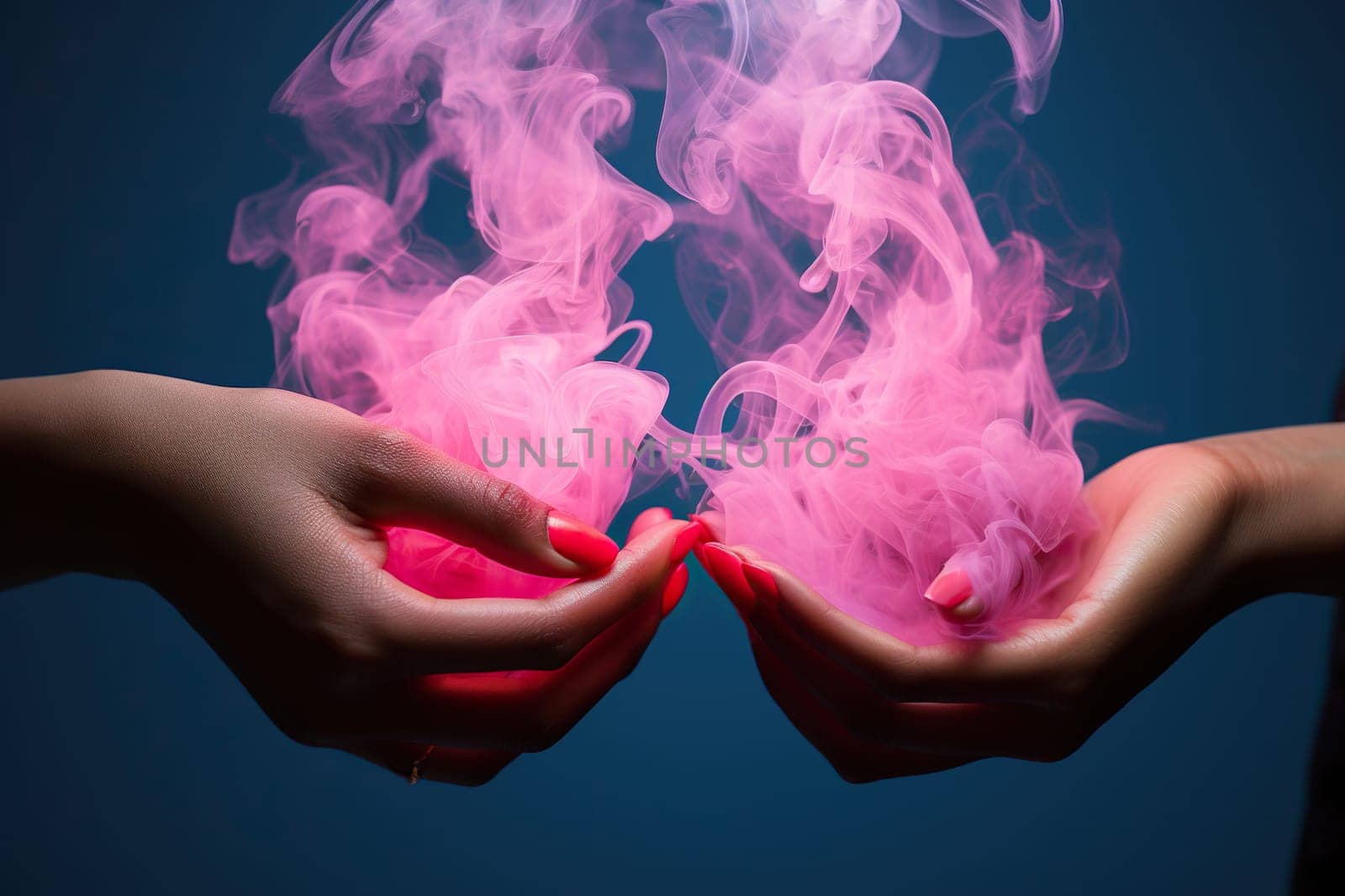 Two female hands connect in puffs of pink smoke on a blue background. Generated by artificial intelligence by Vovmar