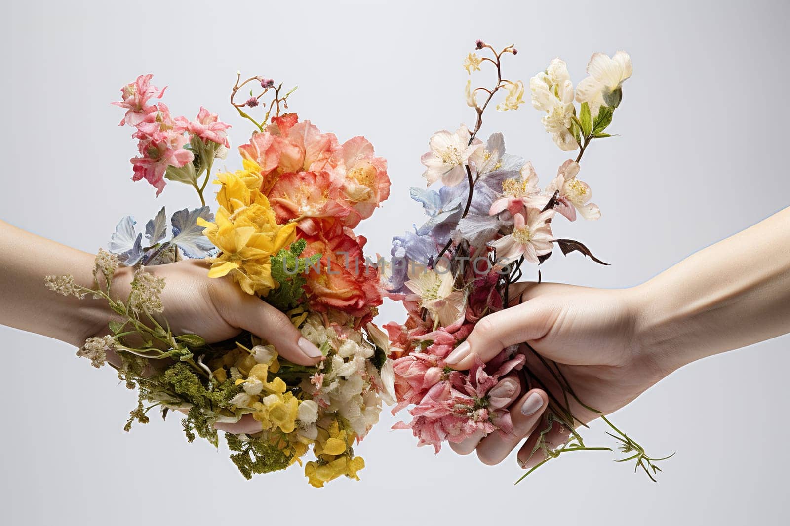 Two hands with flowers reach out to each other.