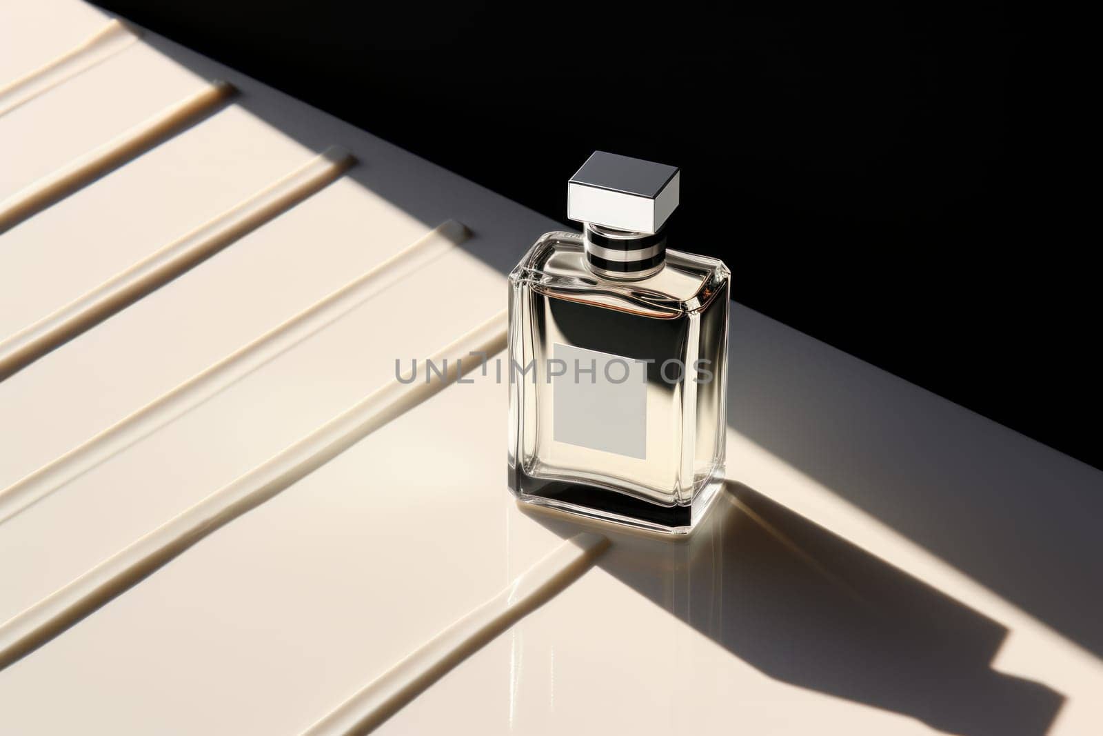 Perfume bottle minimalist plane geometric composition focus on bottle. Generative AI.
