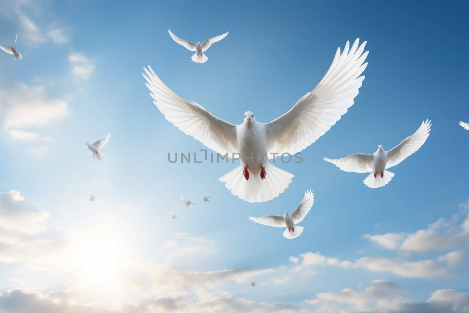 Light sky with white doves as a symbol of peace without war. Generative AI.