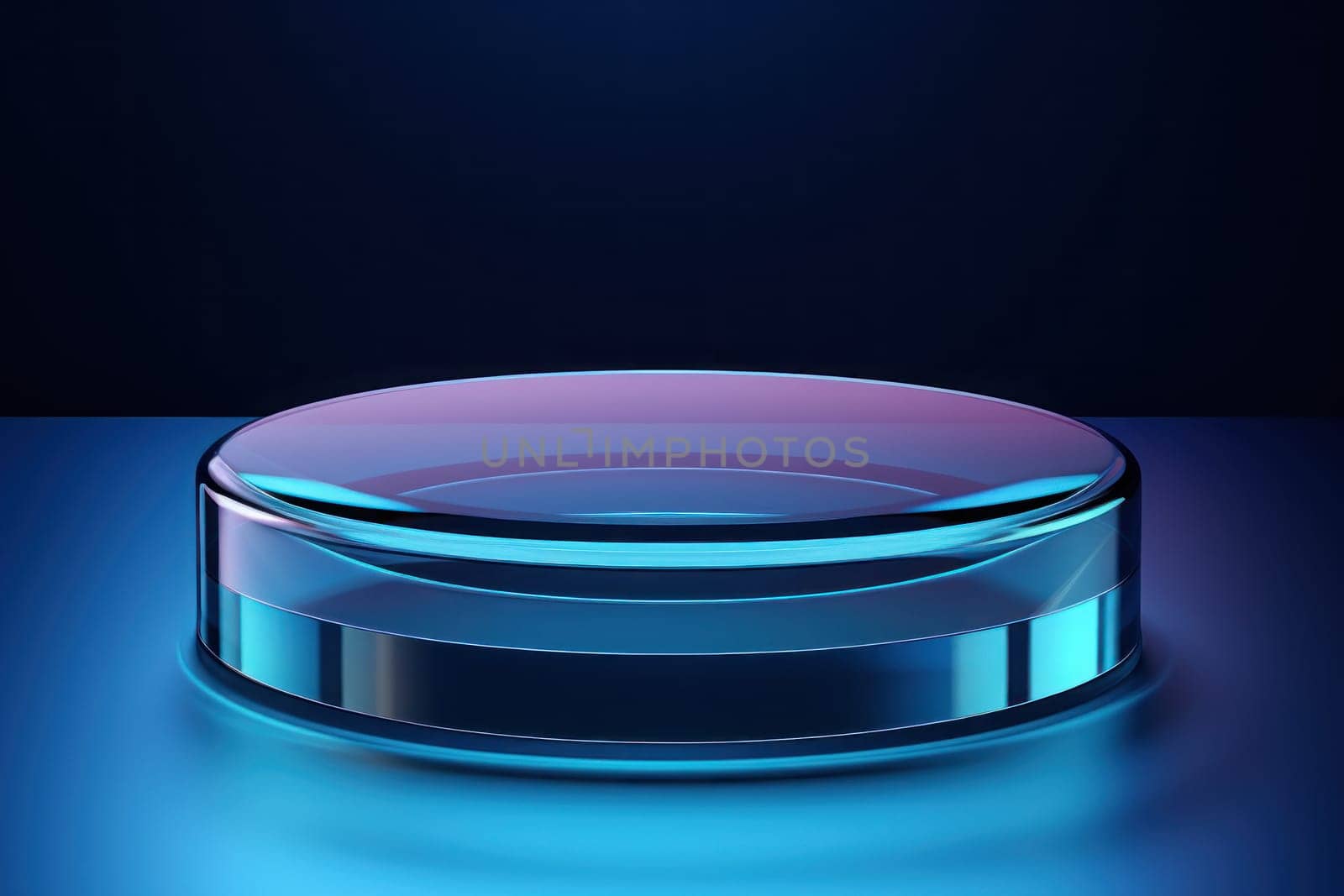 Product display podium in blue room, minimal cosmetic scene with platform. Generative AI.