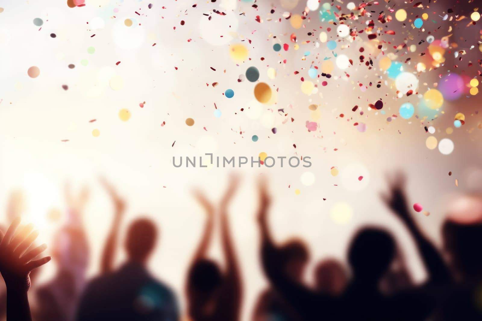 Group people at huge dance festival partying at night background. Generative AI.