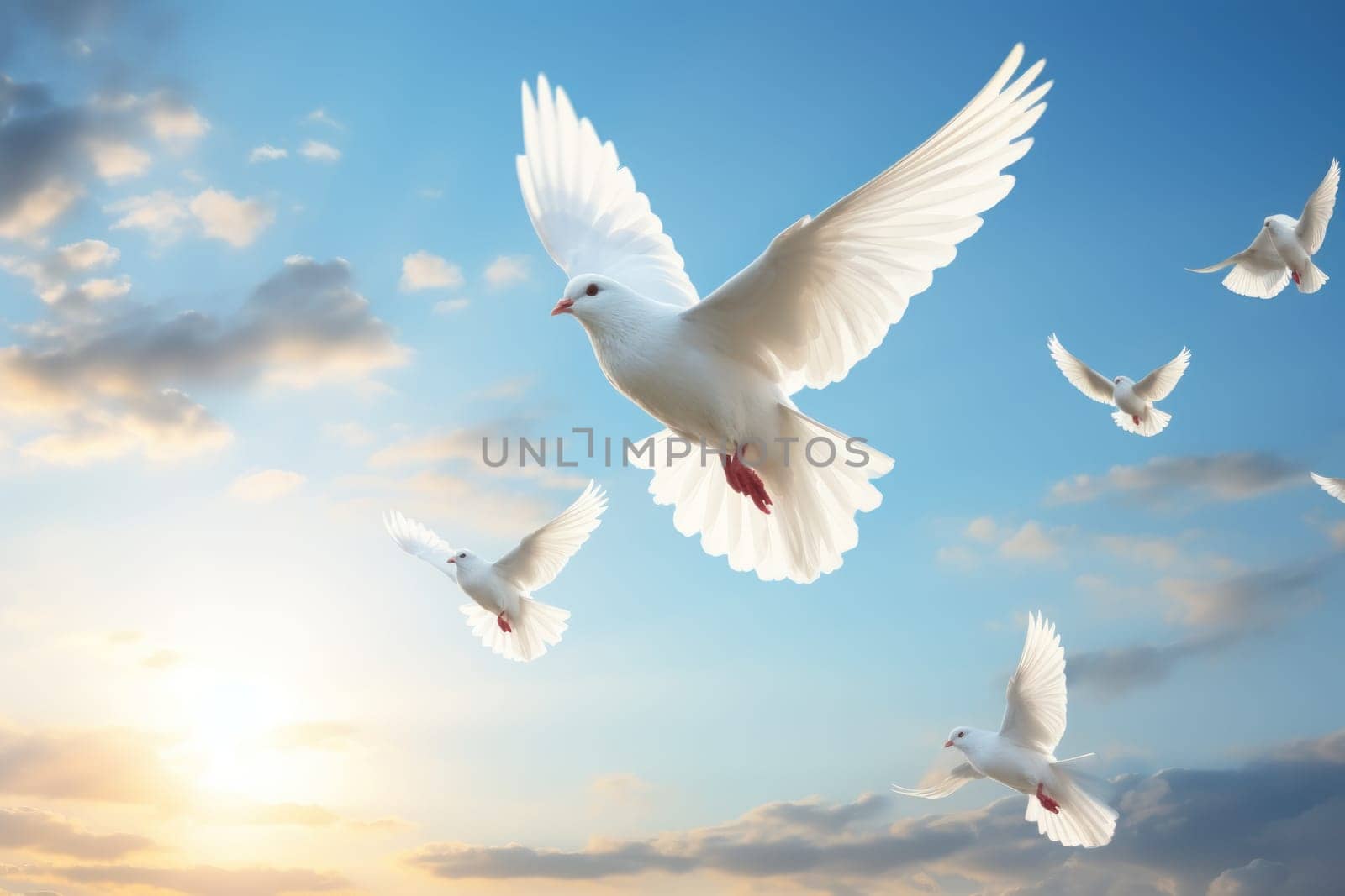 Light sky with white doves as a symbol of peace without war. Generative AI.