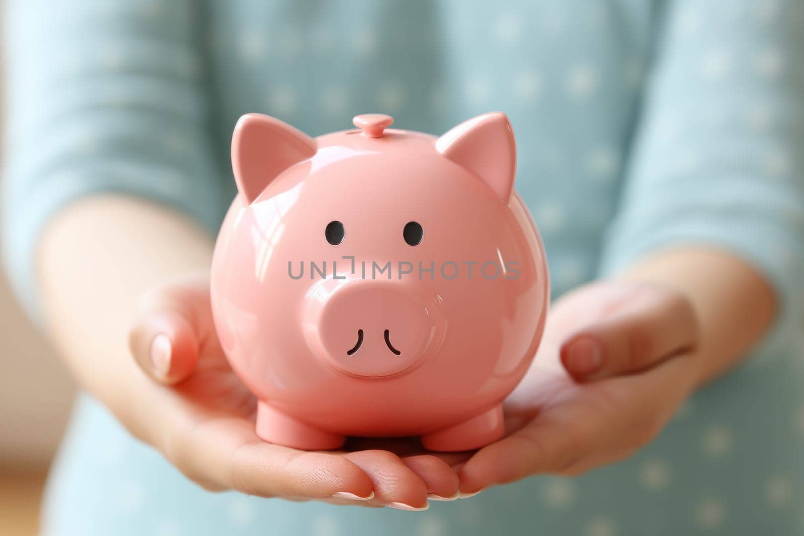 Woman's hand holding a coin in a piggy bank. Generative AI.