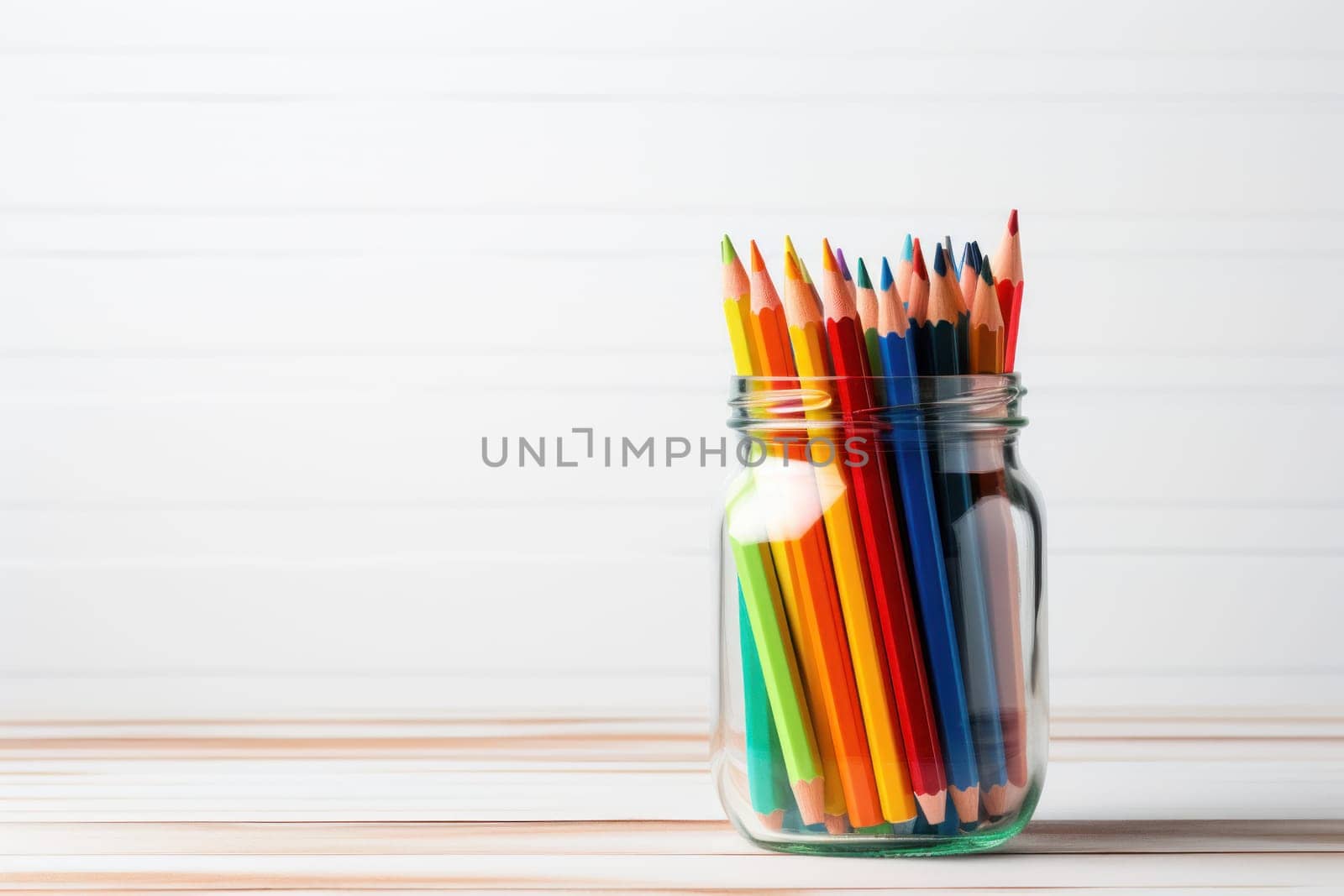 A Jar filled to the brim with colorful and diverse school supplies minimalist. Generative AI.