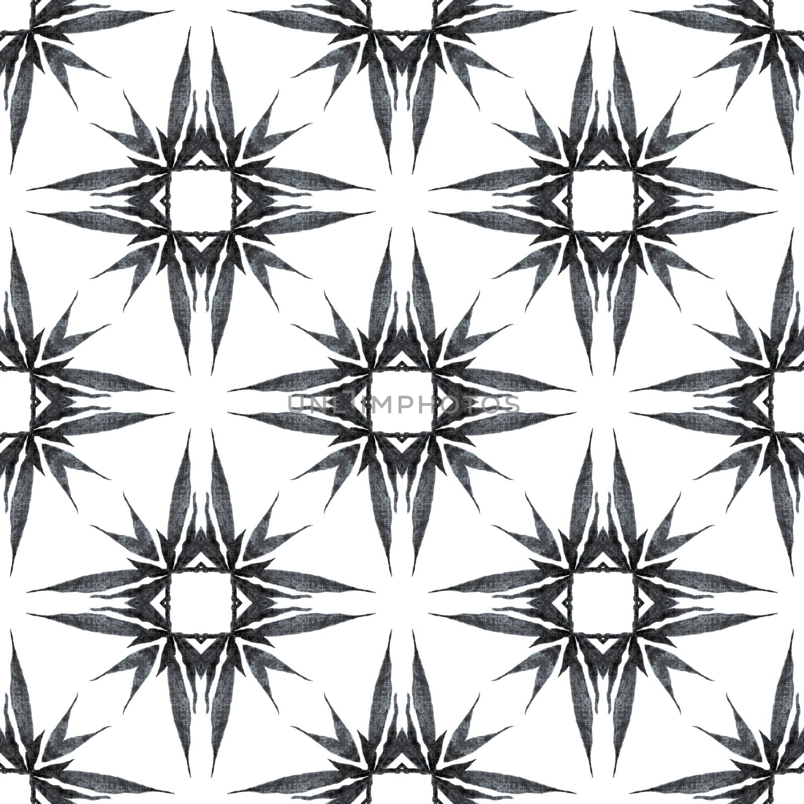 Ikat repeating swimwear design. Black and white fantastic boho chic summer design. Textile ready wonderful print, swimwear fabric, wallpaper, wrapping. Watercolor ikat repeating tile border.