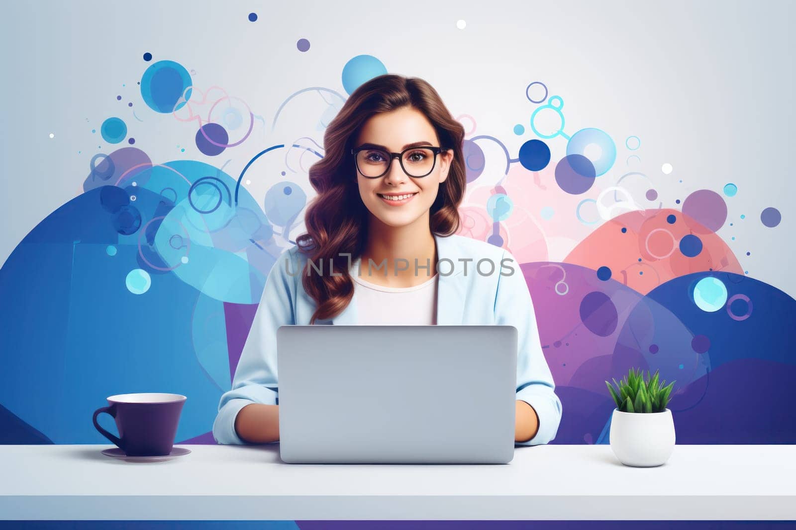 Freelancer female use laptop photo for landing page. Generative AI.