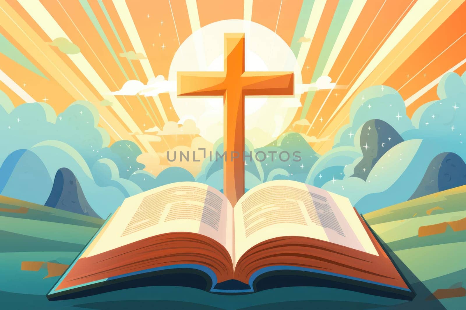 Stylized illustration of an open bible with a cross against a backdrop of radiant sunbeams