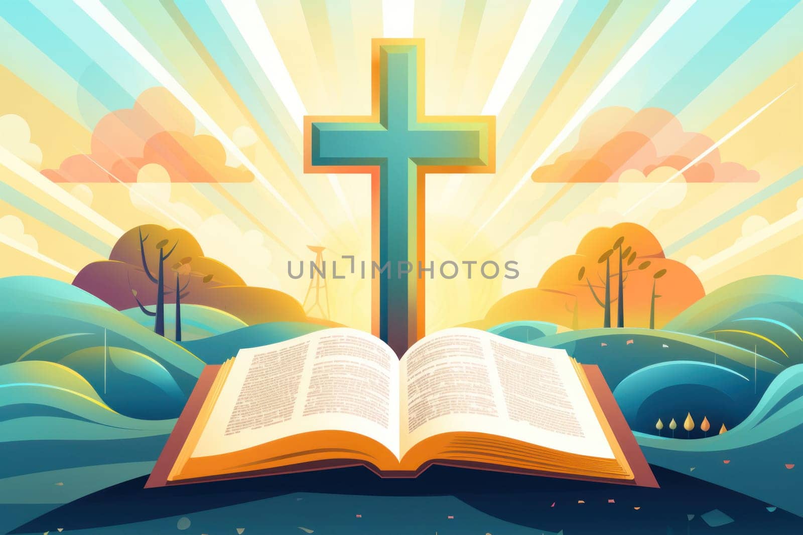 Stylized illustration of a cross and open Bible with radiant light
