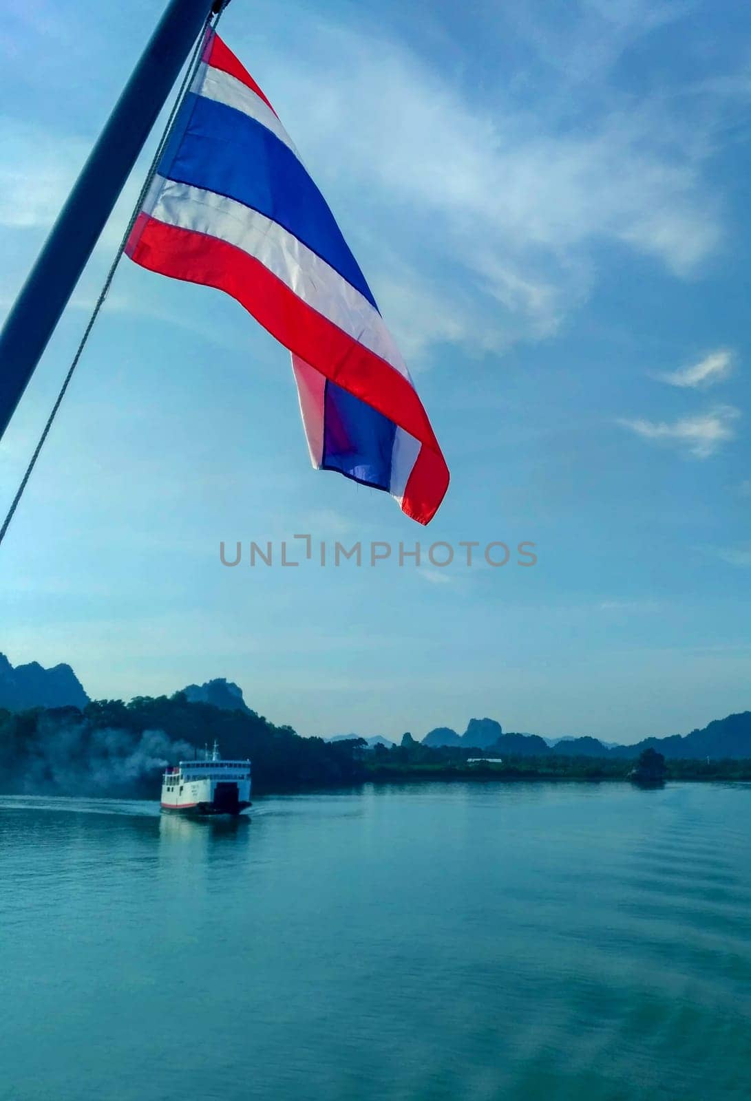 The Kingdom of Thailand flag, sea port, boats, ships, sky, clouds beautiful background, flag on pole waves on wind, state independence symbol, Thai national sign, red, white, blue color stripes banner
