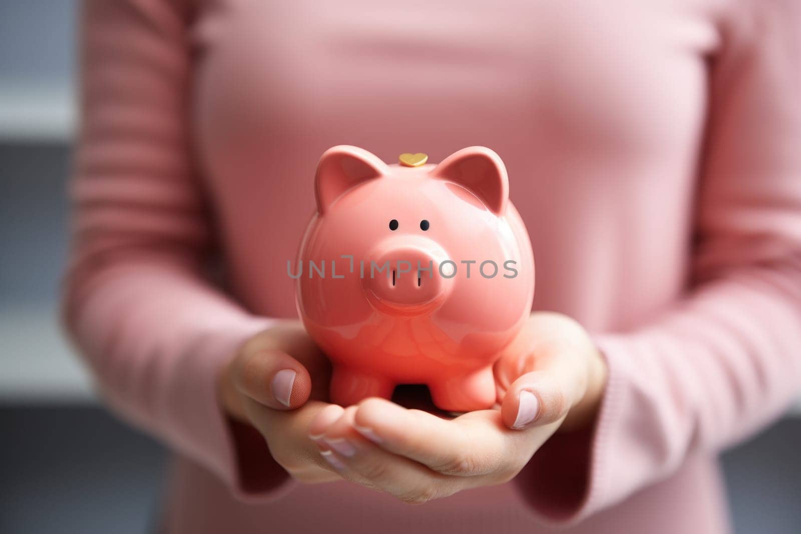 Woman's hand holding a coin in a piggy bank. Generative AI.