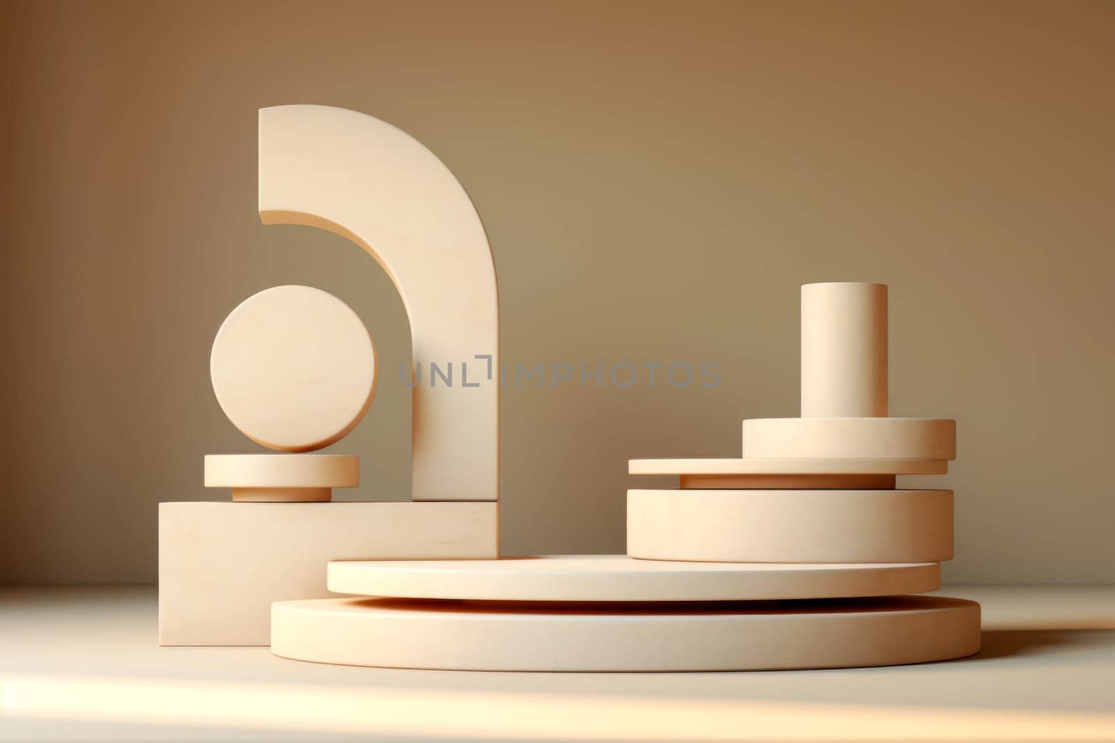 A composition of beige geometric shapes creating a minimalist display
