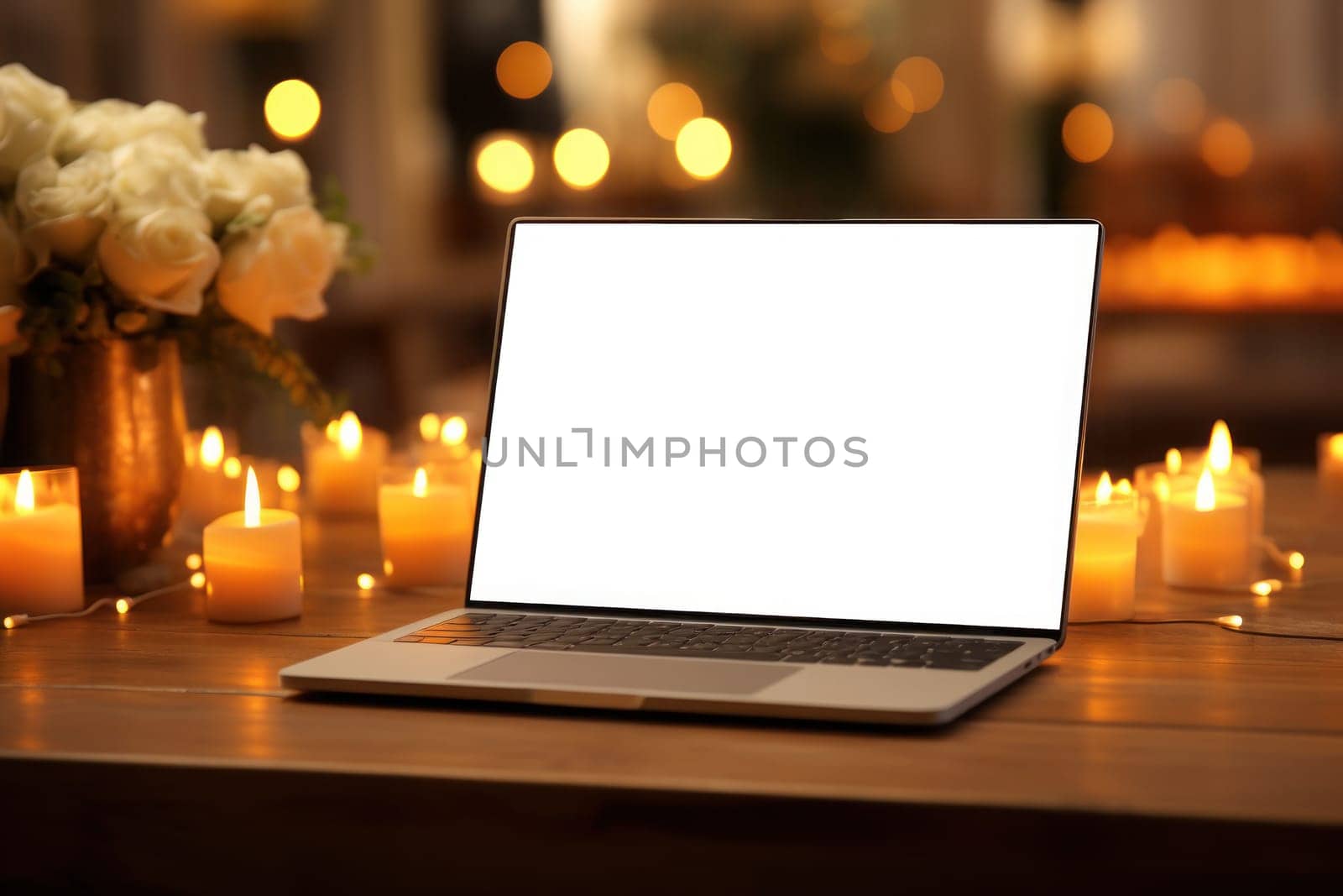 A laptop mockup is placed among gift boxes paper bags diyas. Generative AI.