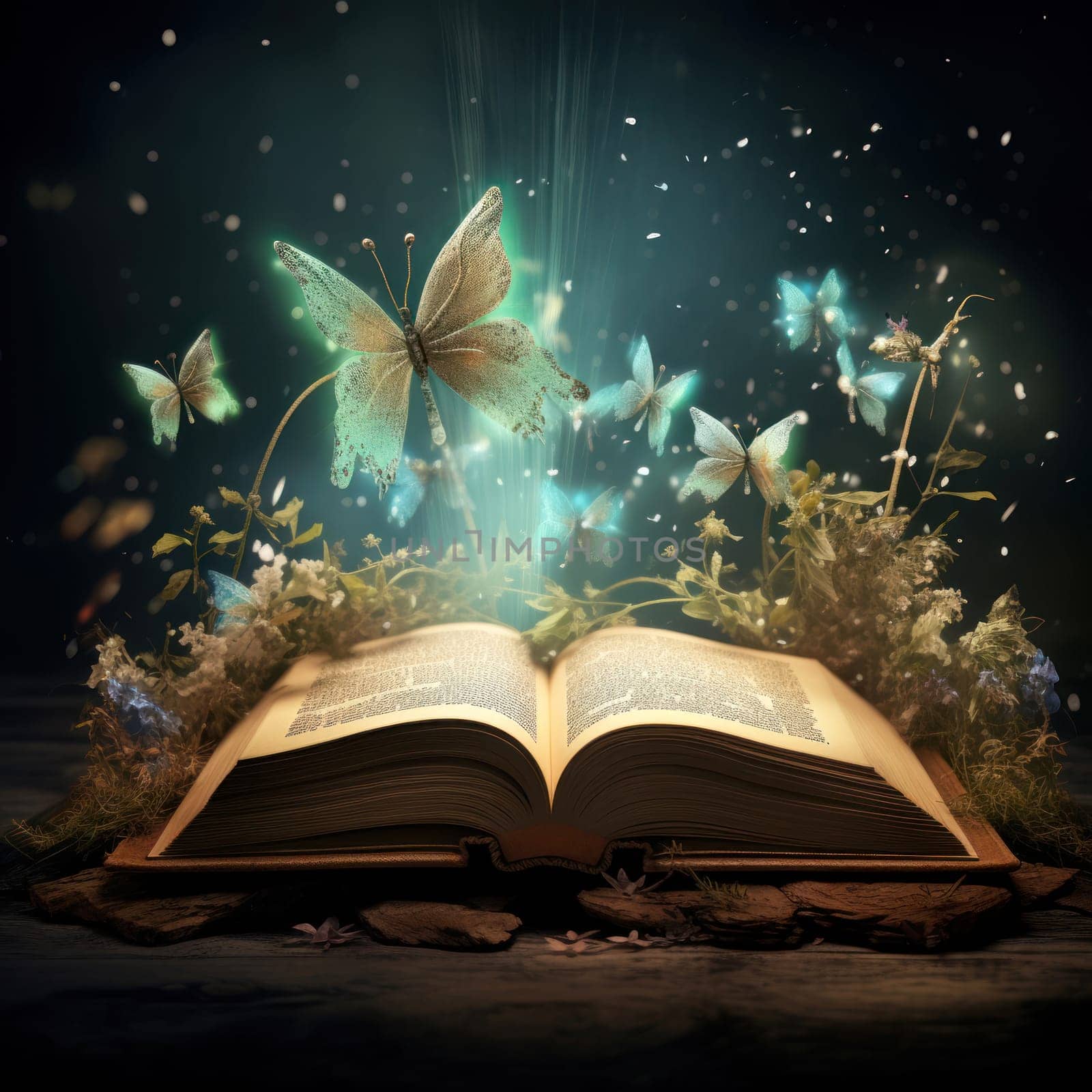 An open book with magical butterflies glowing, symbolizing fantasy and knowledge
