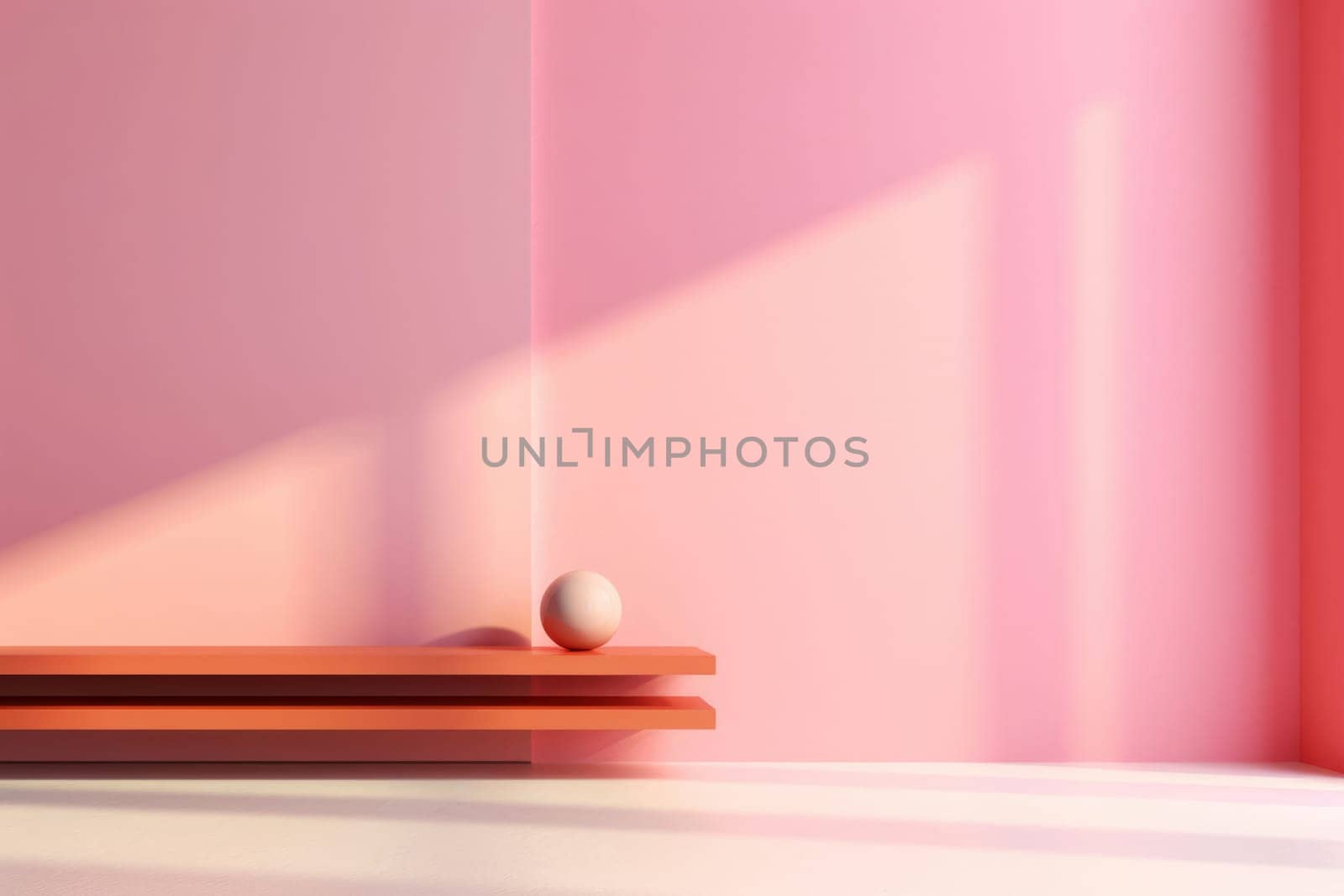 Soft pink hues and shadows with a solitary sphere on layered platforms