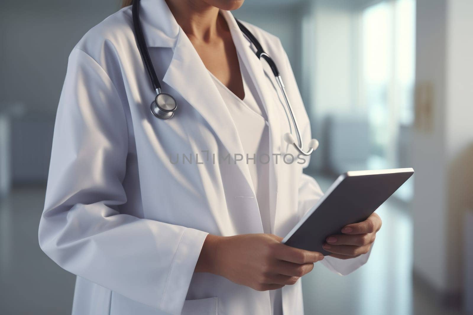 Female doctor in white medical scrub holding tablet in hand. Generative AI.