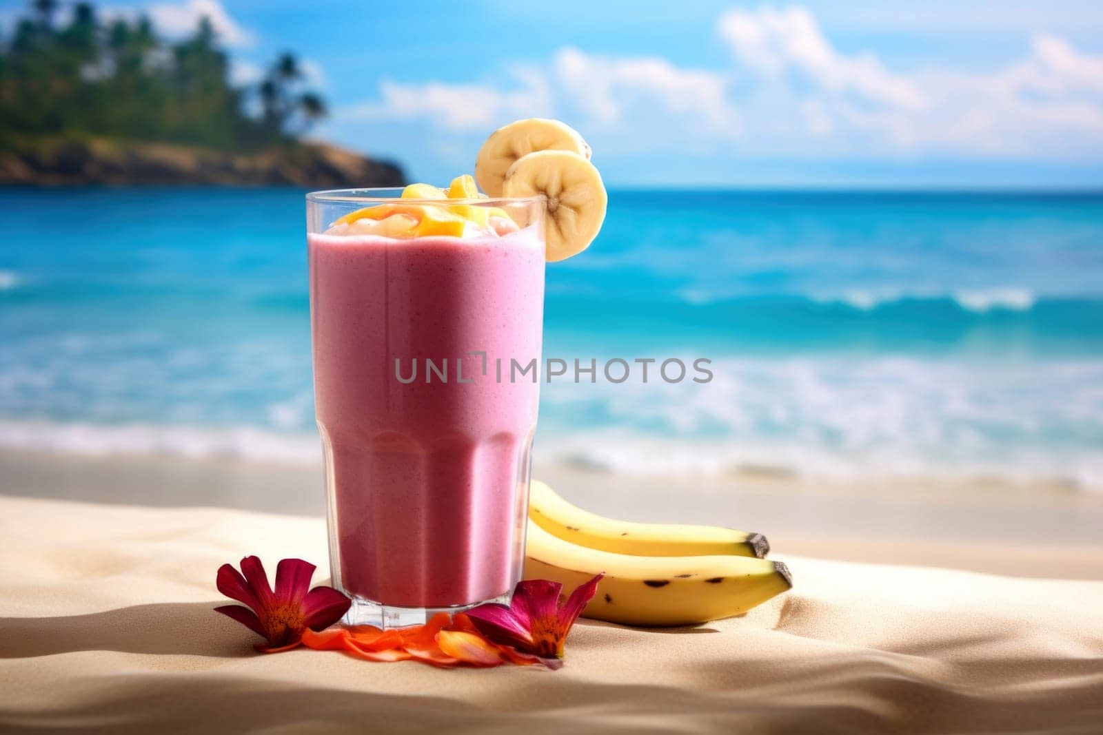 Strawberry banana smoothie on a sandy beach with ocean backdrop