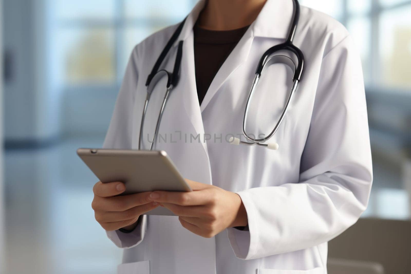 Female doctor in white medical scrub holding tablet in hand. Generative AI.