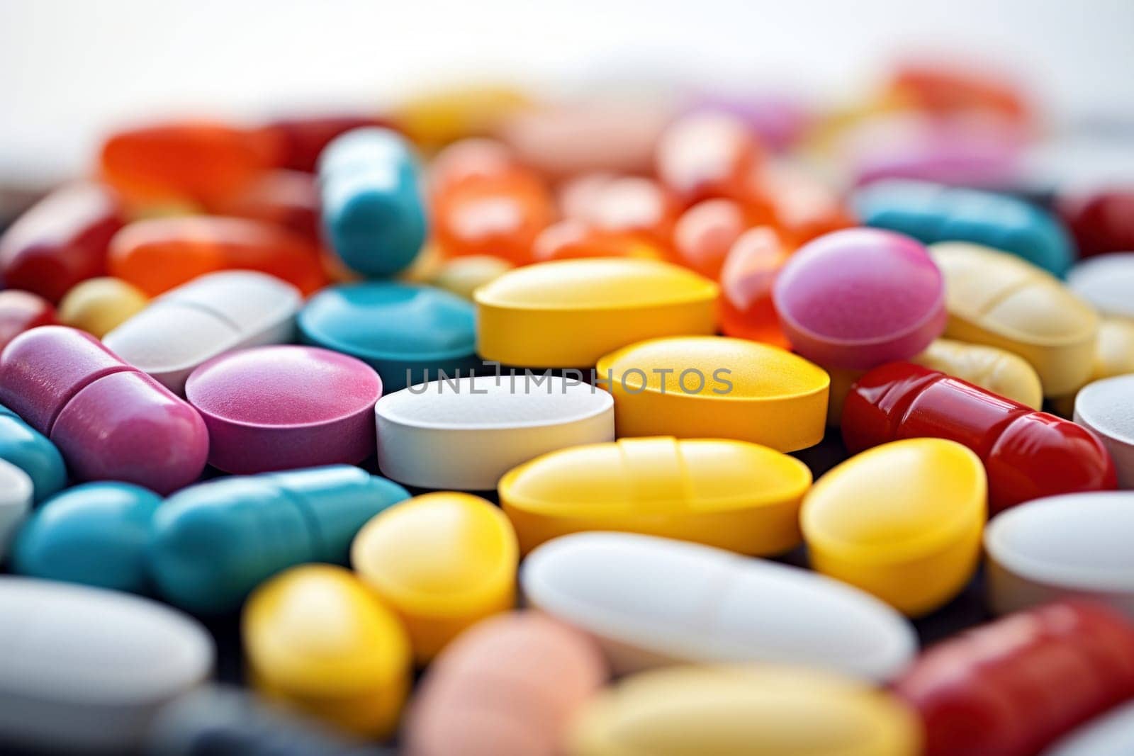 Close up of various colorful pharmaceutical pills and capsules