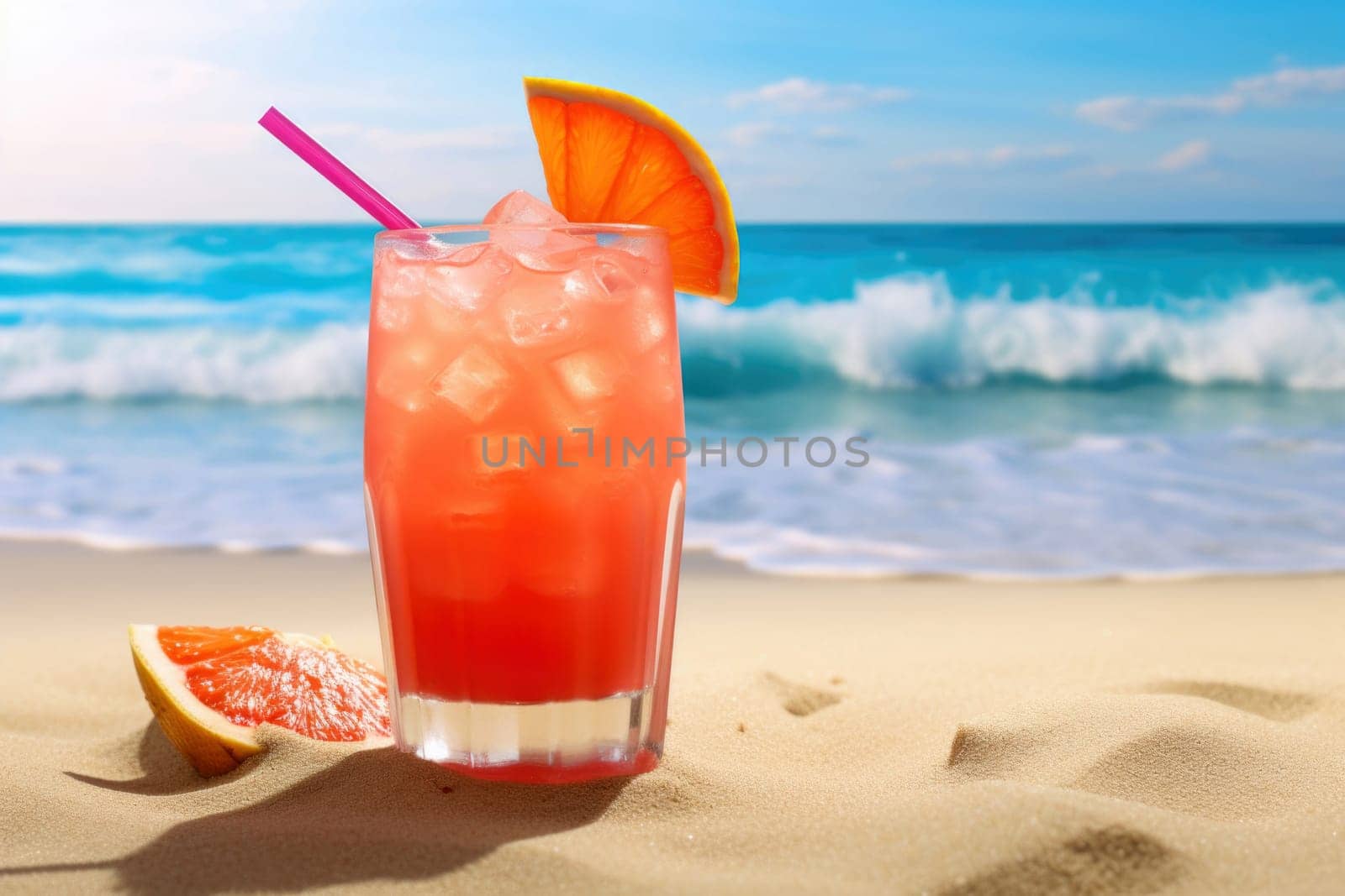 Refreshing orange cocktail served on a sandy beach with a backdrop of turquoise waves