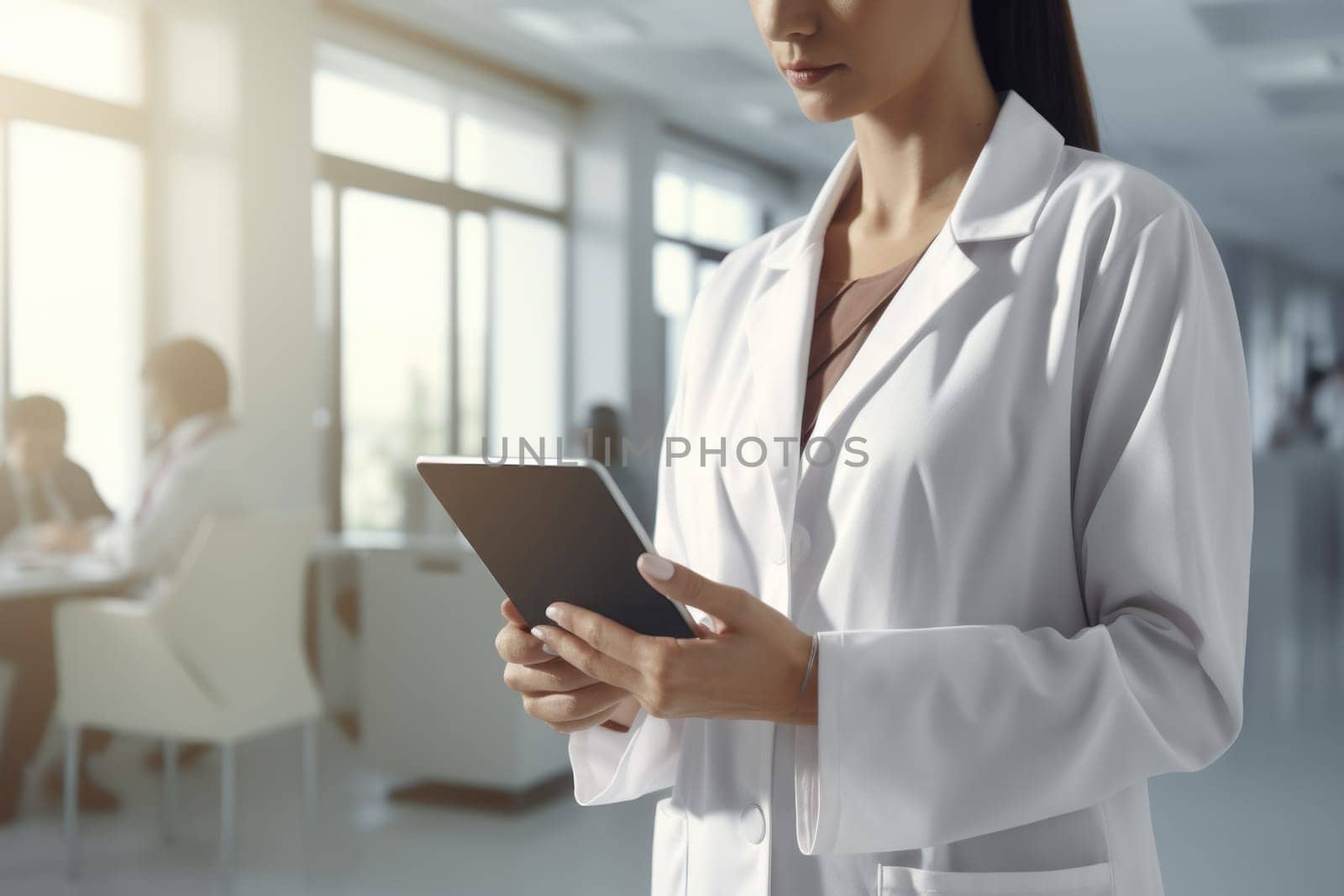 Female doctor in white medical scrub holding tablet in hand. Generative AI by golfmerrymaker
