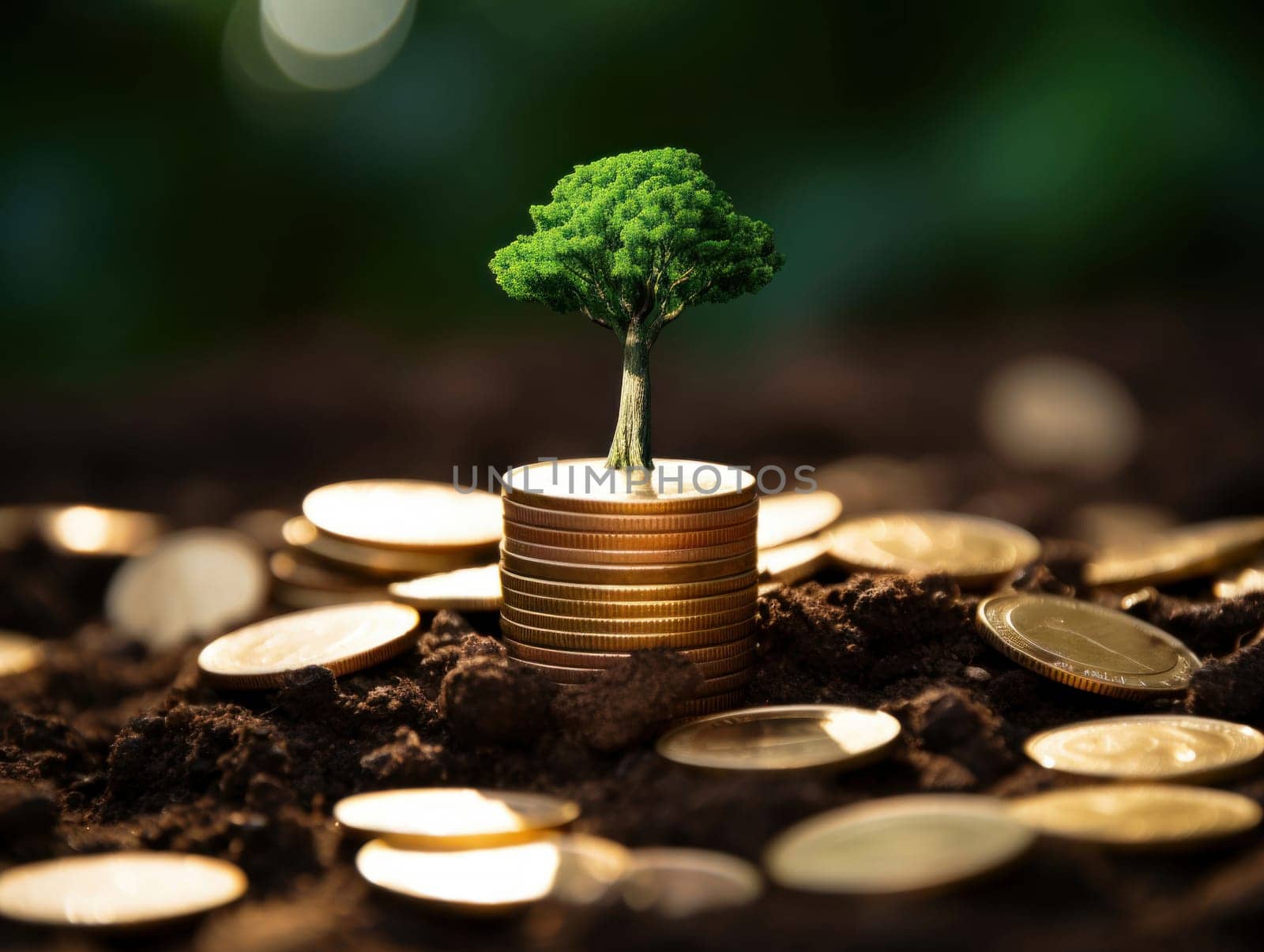 A miniature tree growing on stacked coins symbolizing financial growth