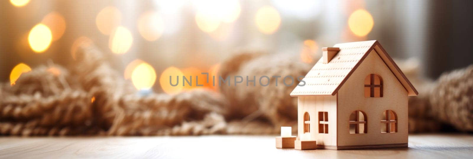 Miniature wooden house with a warm, blurry light background with copy space