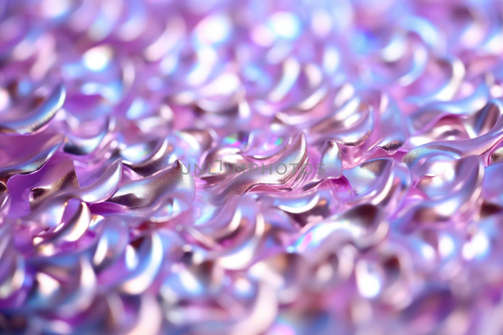 Close up of wavy, iridescent texture with purple and silver hues abstract background