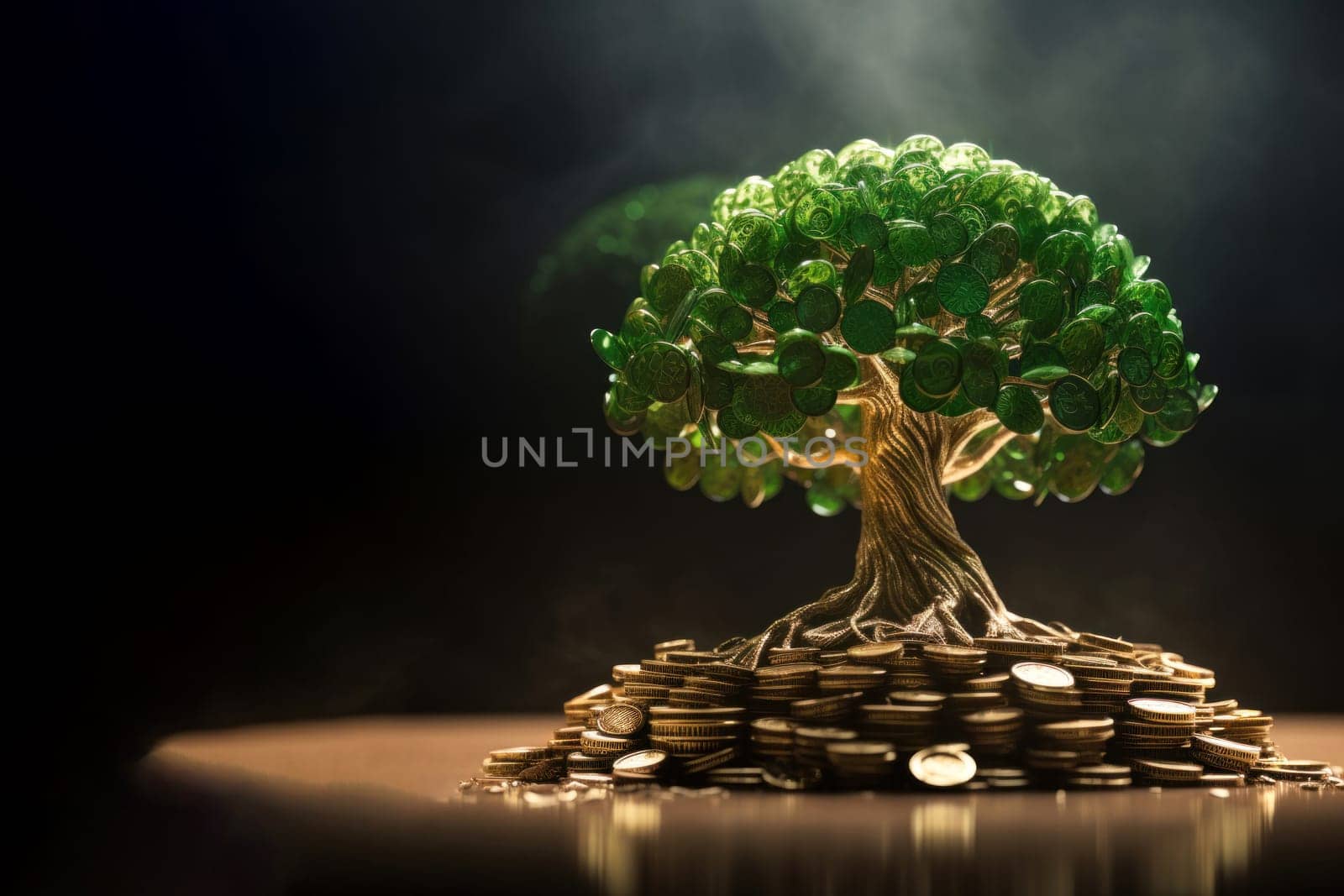 Green glass coins forming a tree on a mound of gold coins against a dark backdrop