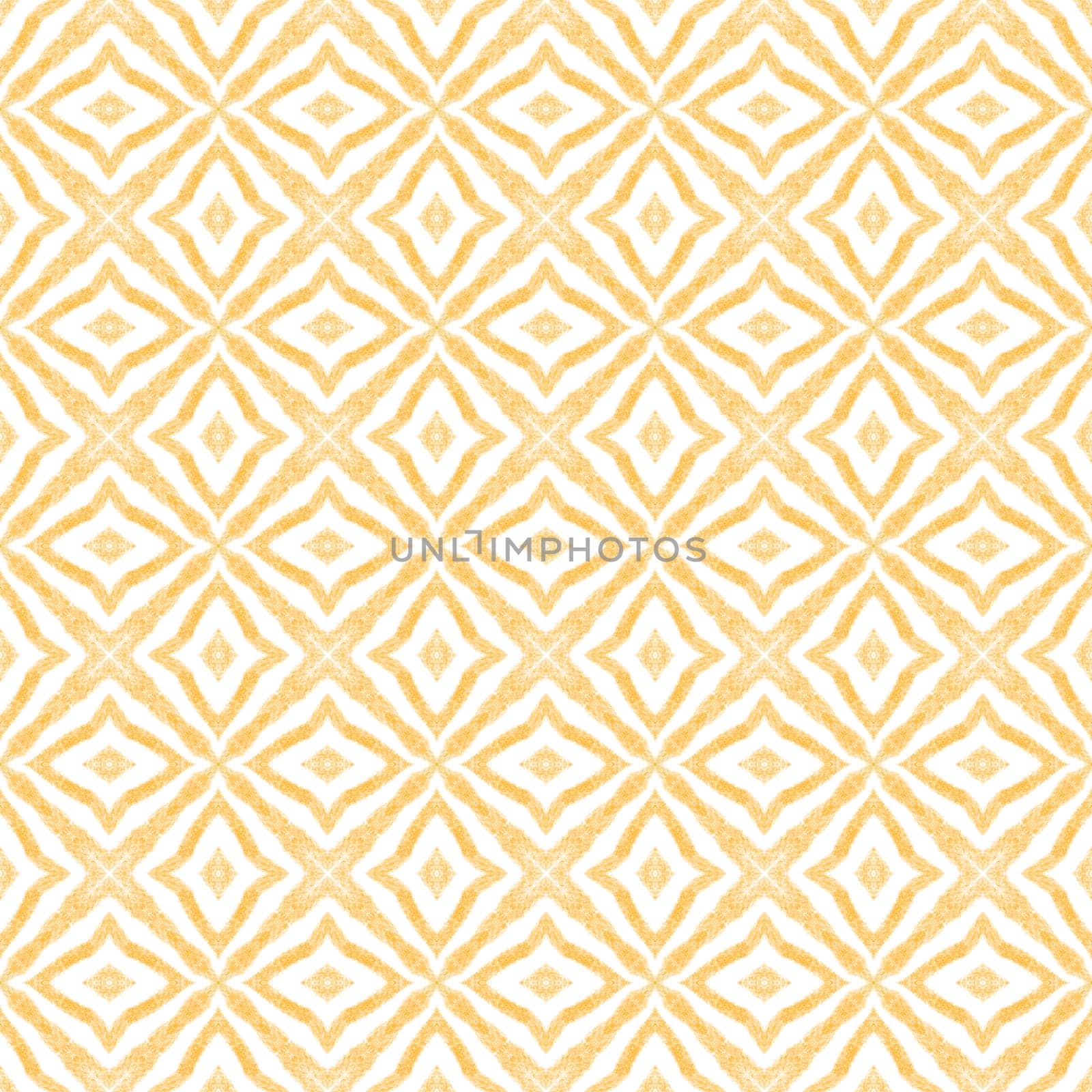 Tiled watercolor pattern. Yellow symmetrical kaleidoscope background. Hand painted tiled watercolor seamless. Textile ready worthy print, swimwear fabric, wallpaper, wrapping.