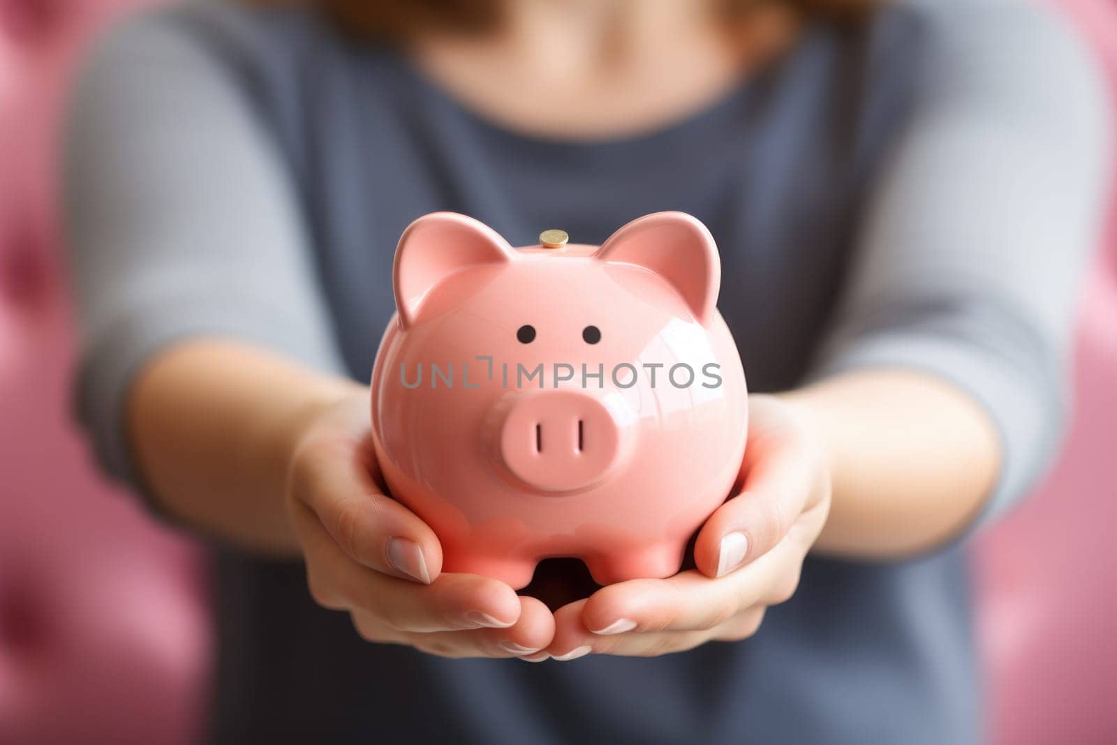 Woman's hand holding a coin in a piggy bank. Generative AI.