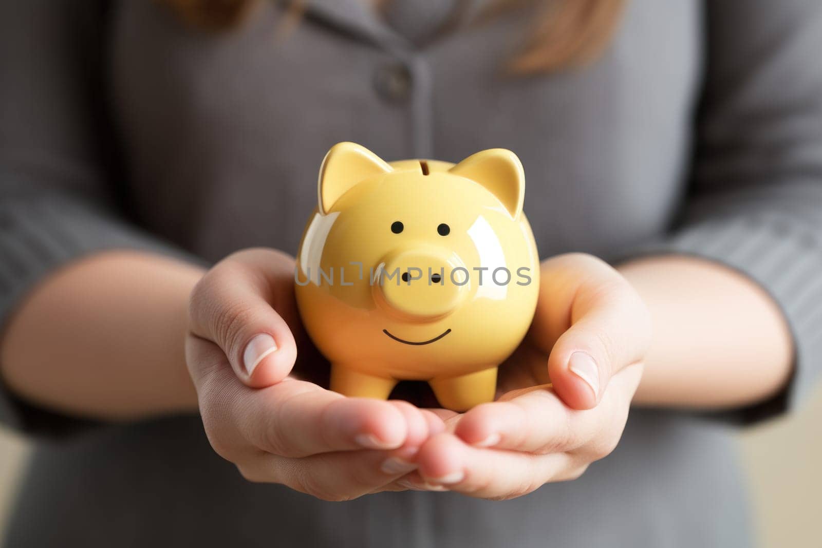 Woman's hand holding a coin in a piggy bank. Generative AI.