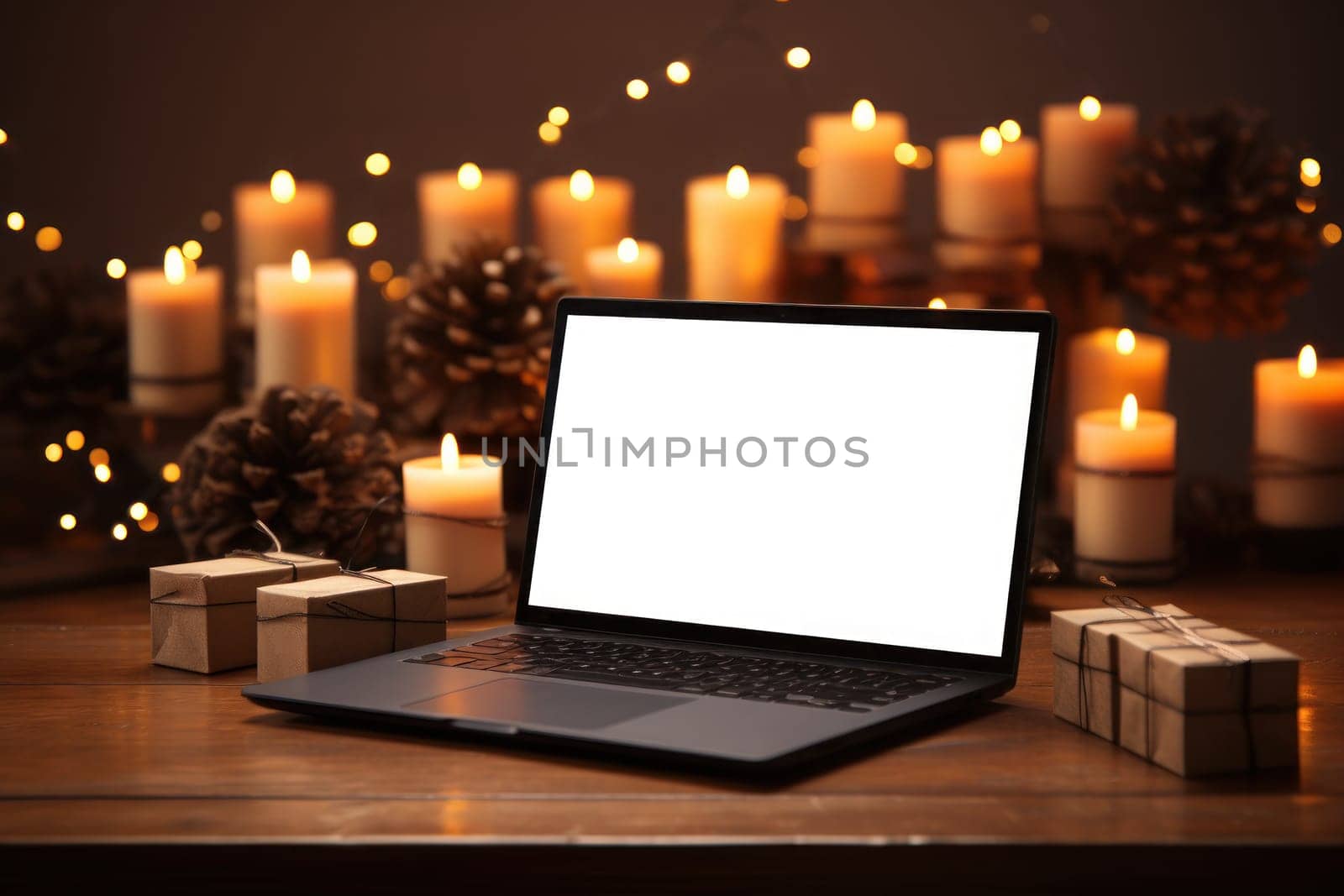 A laptop mockup is placed among gift boxes paper bags diyas. Generative AI.