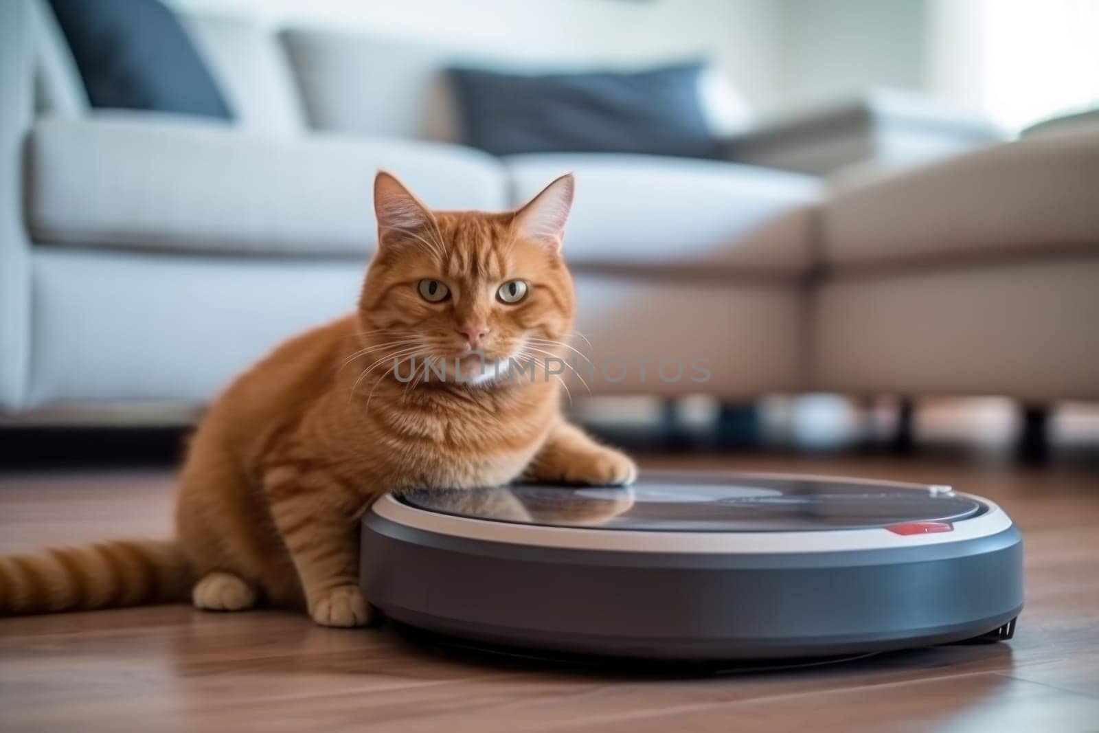 Cat sits on top of a robot vacuum cleaner, cleaning up scraps on the living room floor. Generative AI.