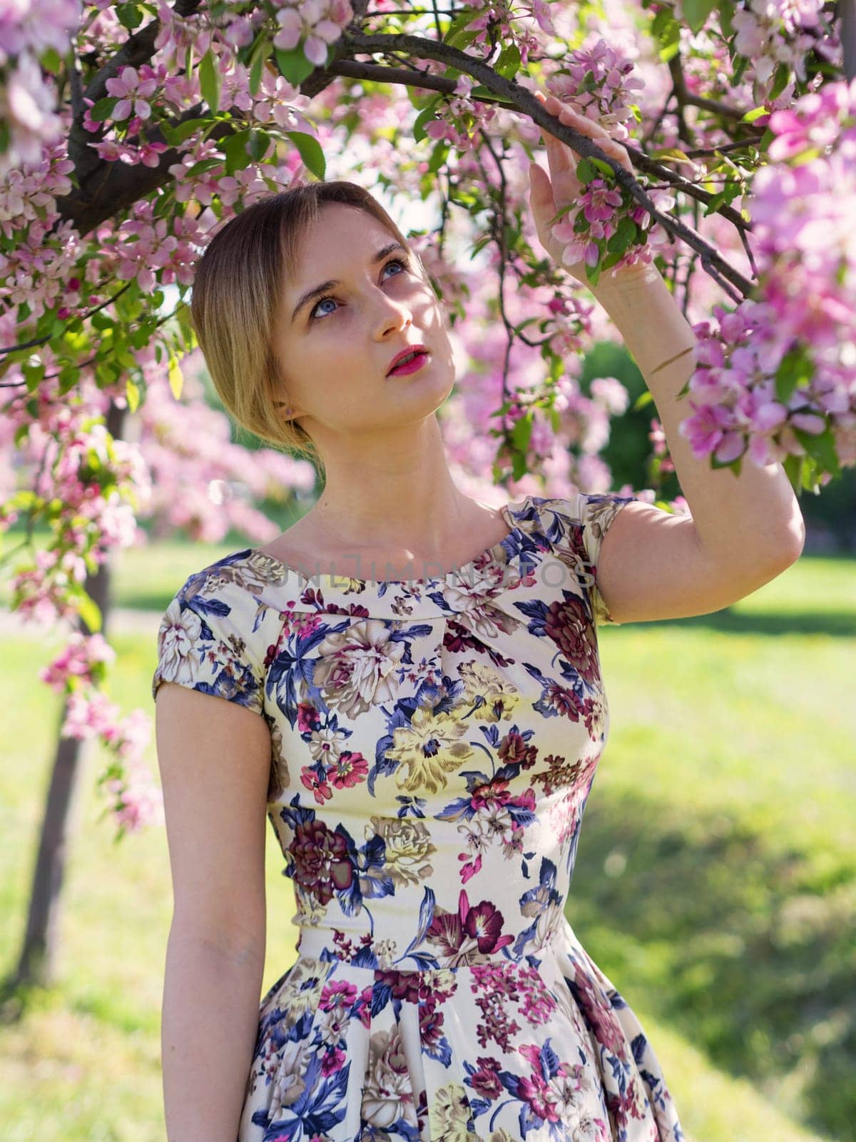 Beautiful young girl in a flowered garden. Tender woman in a dress with a floral print among blooming spring apple trees. by Andre1ns