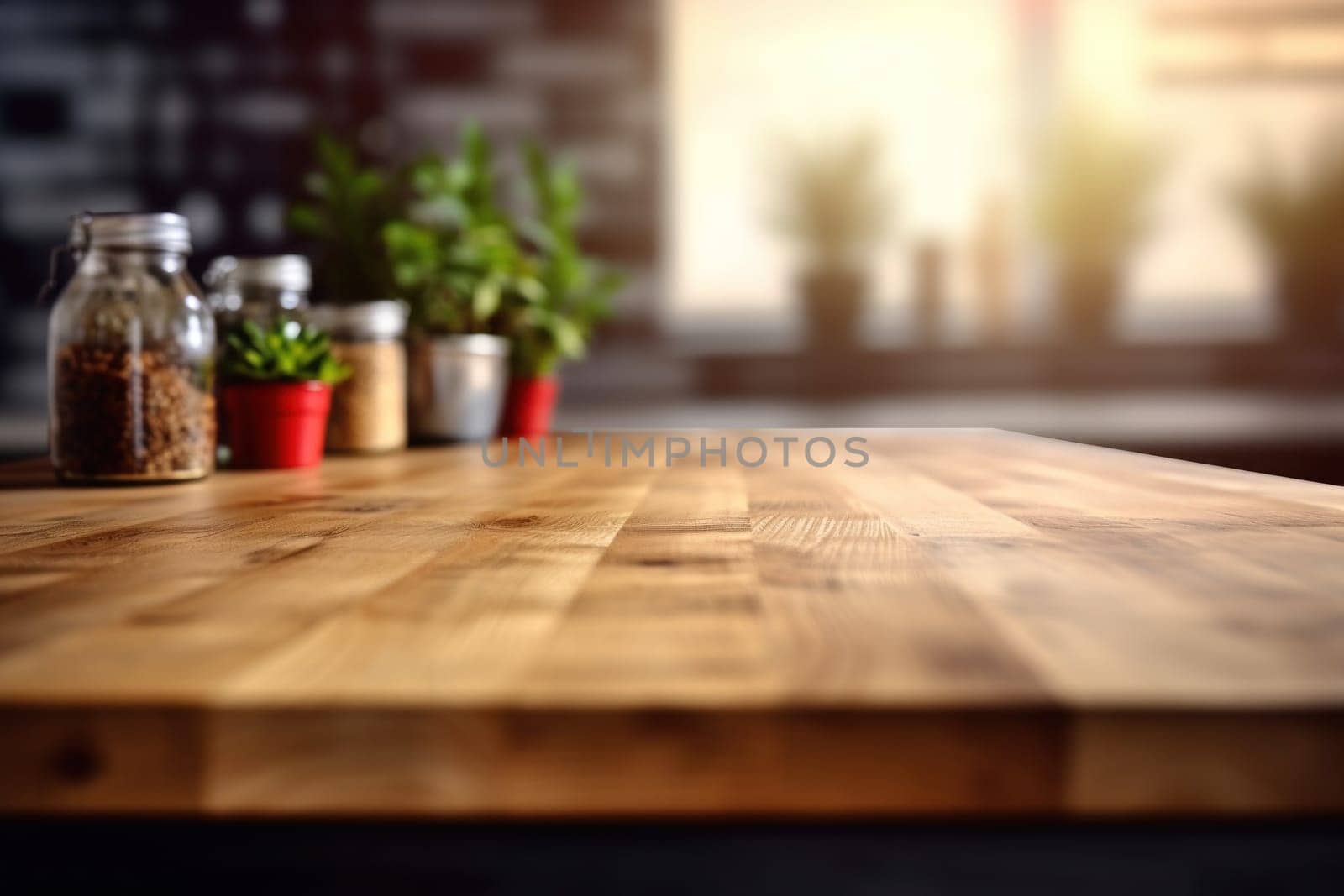 Empty wooden table and blurred kitchen background. Generative AI.