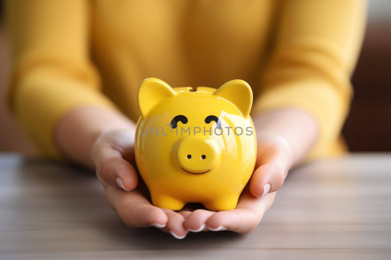 Woman's hand holding a coin in a piggy bank. Generative AI.