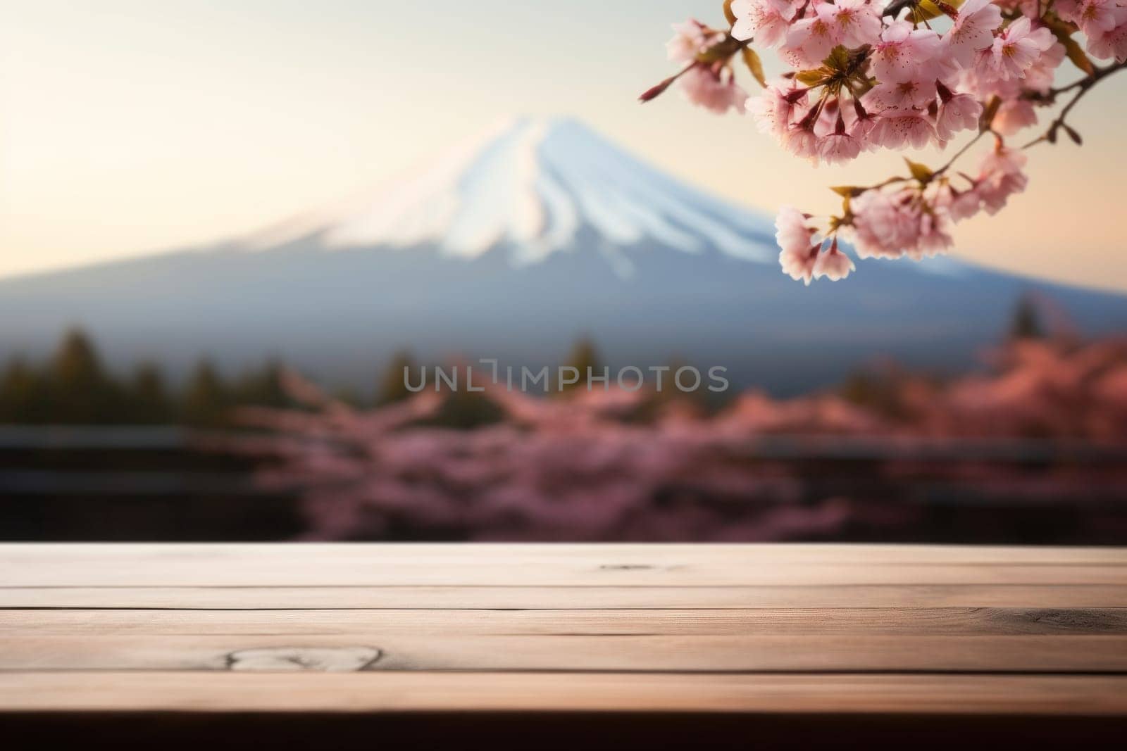 Empty table surface blurred Landmarks around the world in the background. Generative AI.