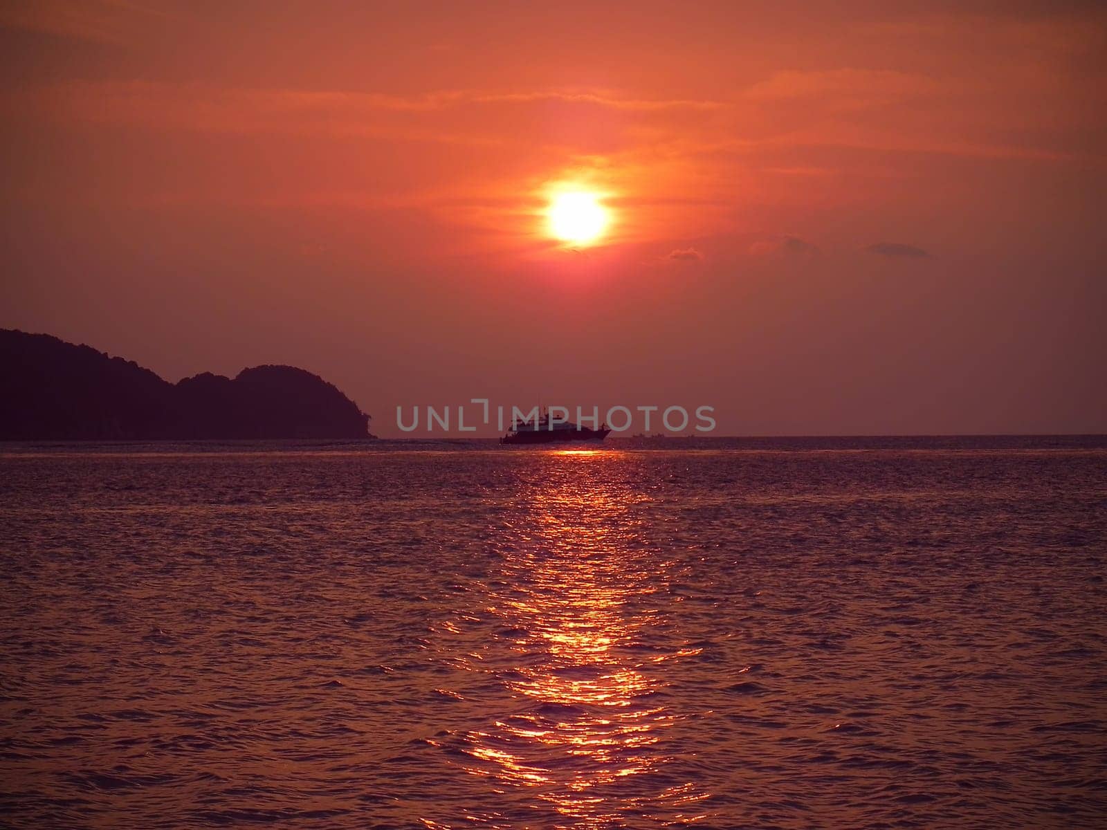 Sunset river boat silhouette view. River boat sunset landscape
