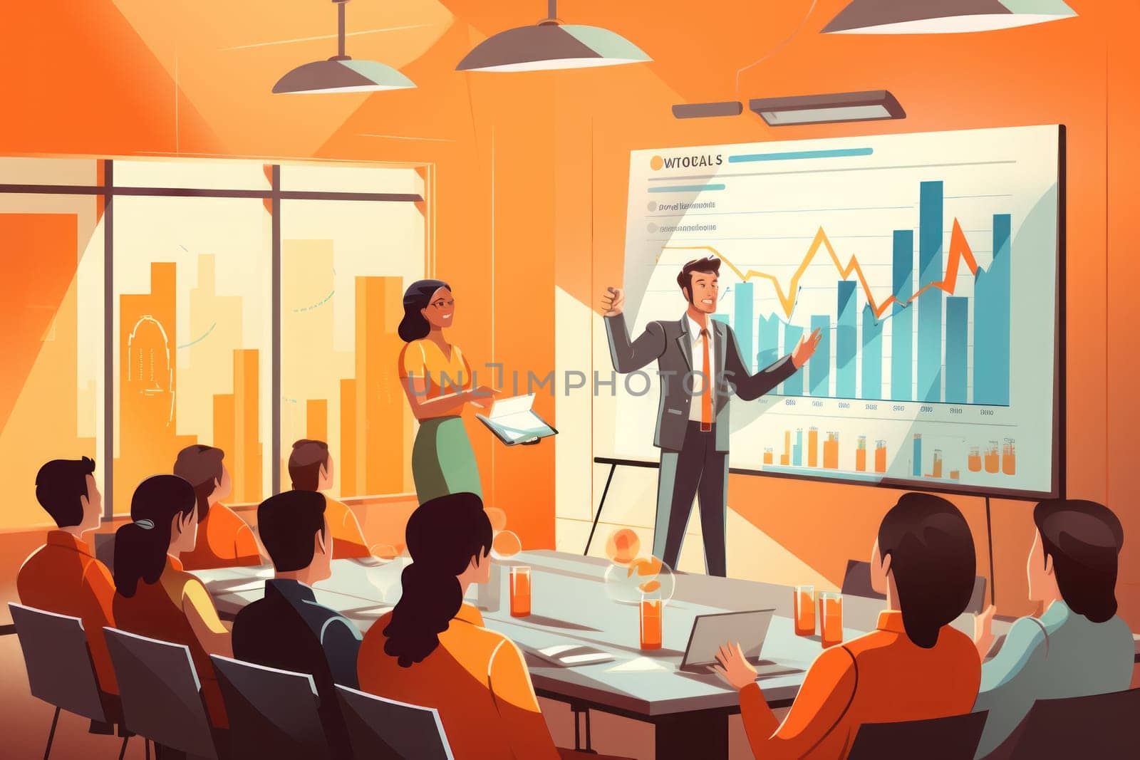 Illustration of a business meeting or presentation and training. Gemerative AI.