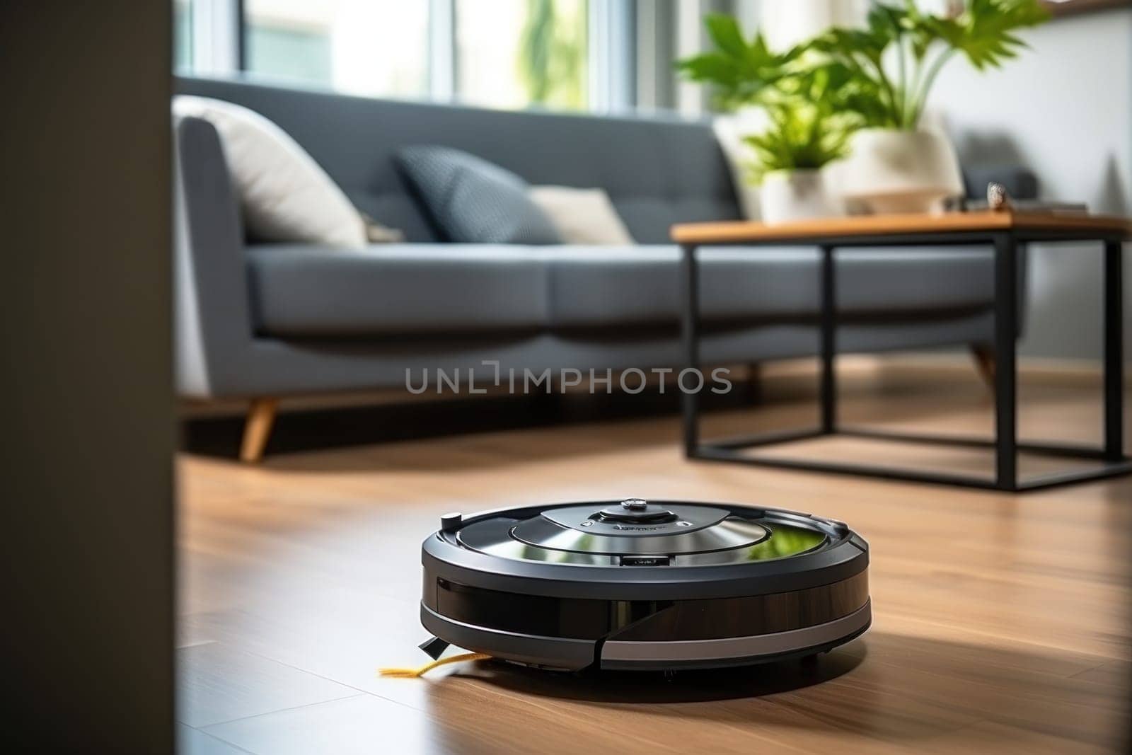 A robot vacuum cleaner is cleaning the living room floor. Generative AI.