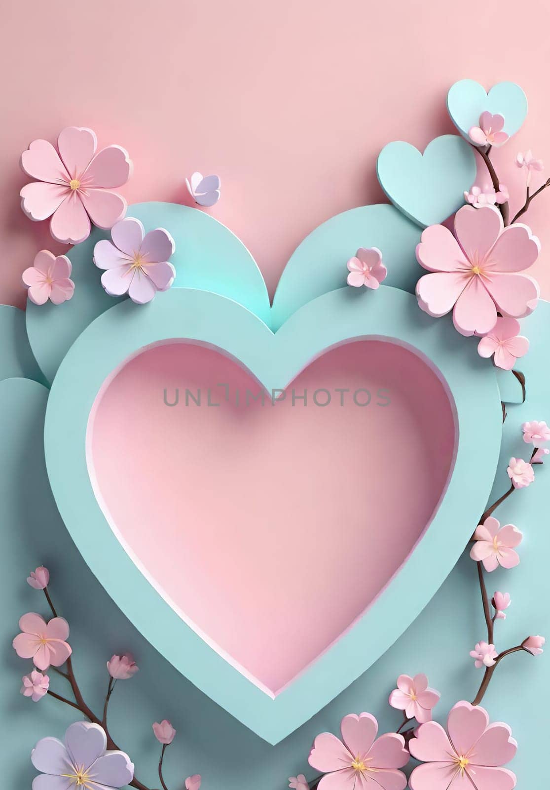 Valentine's Day background with hearts .Pastel colors.Valentine's day greeting card with heart.Minimal Valentine's Day concept. 3D rendering.Valentine's Day greeting card with hearts in pastel colors.Minimal love concept.Computer digital drawing.